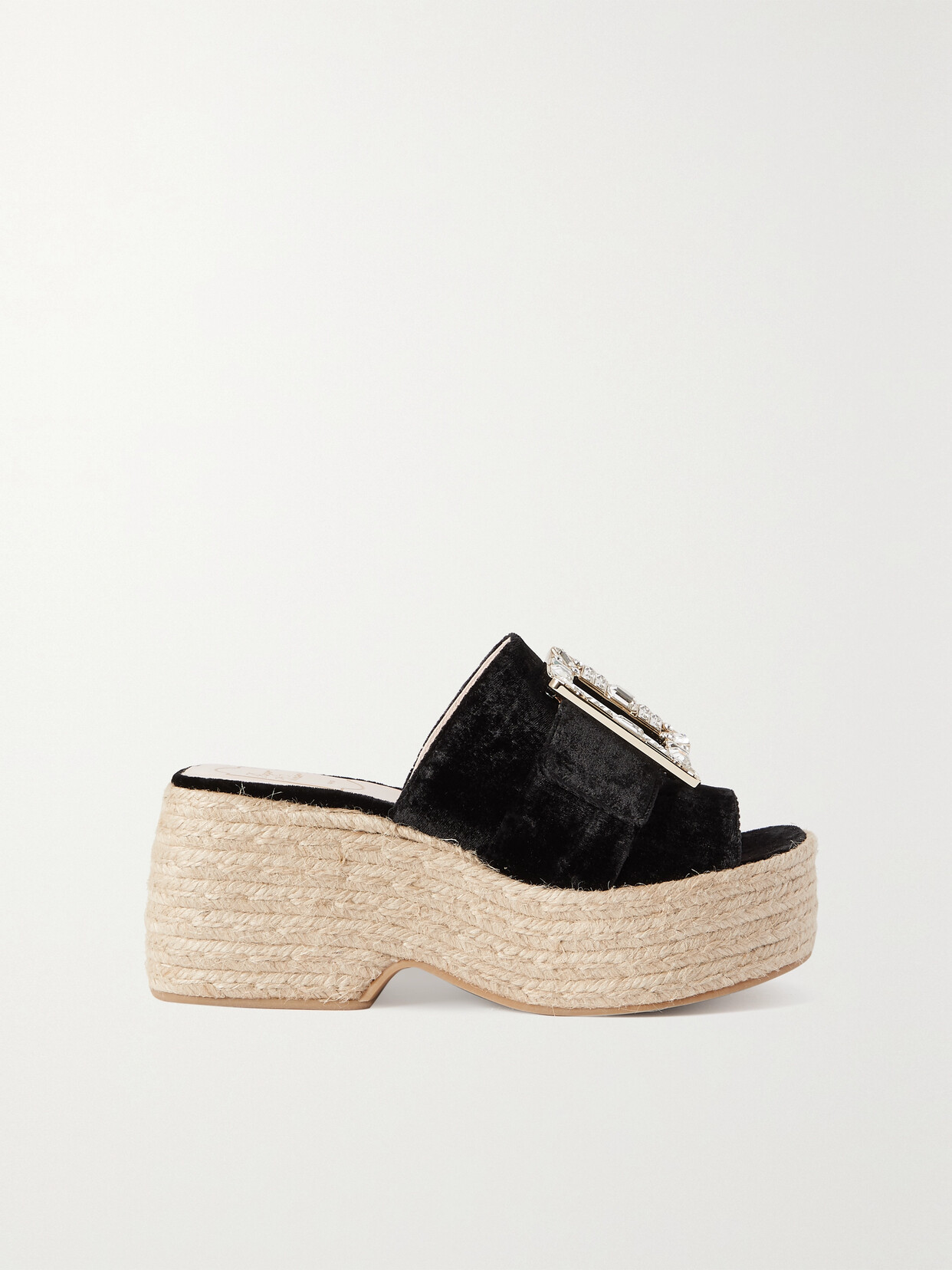 ROGER VIVIER CRYSTAL-EMBELLISHED VELVET ESPADRILLE PLATFORM MULES