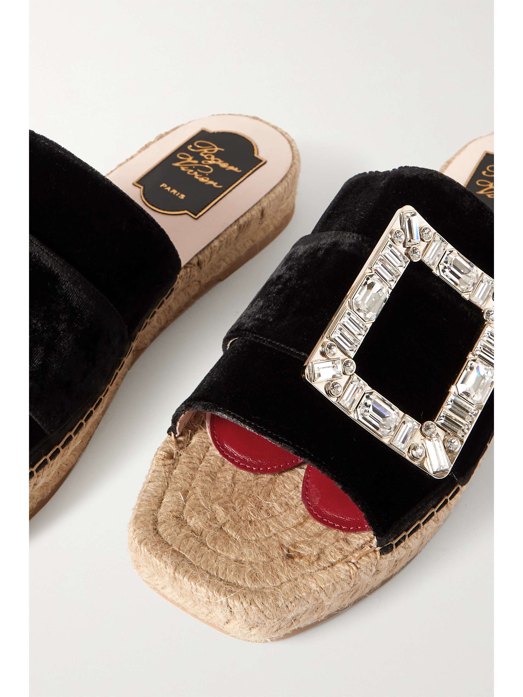 ROGER VIVIER Crystal-embellished buckled canvas espadrille slides