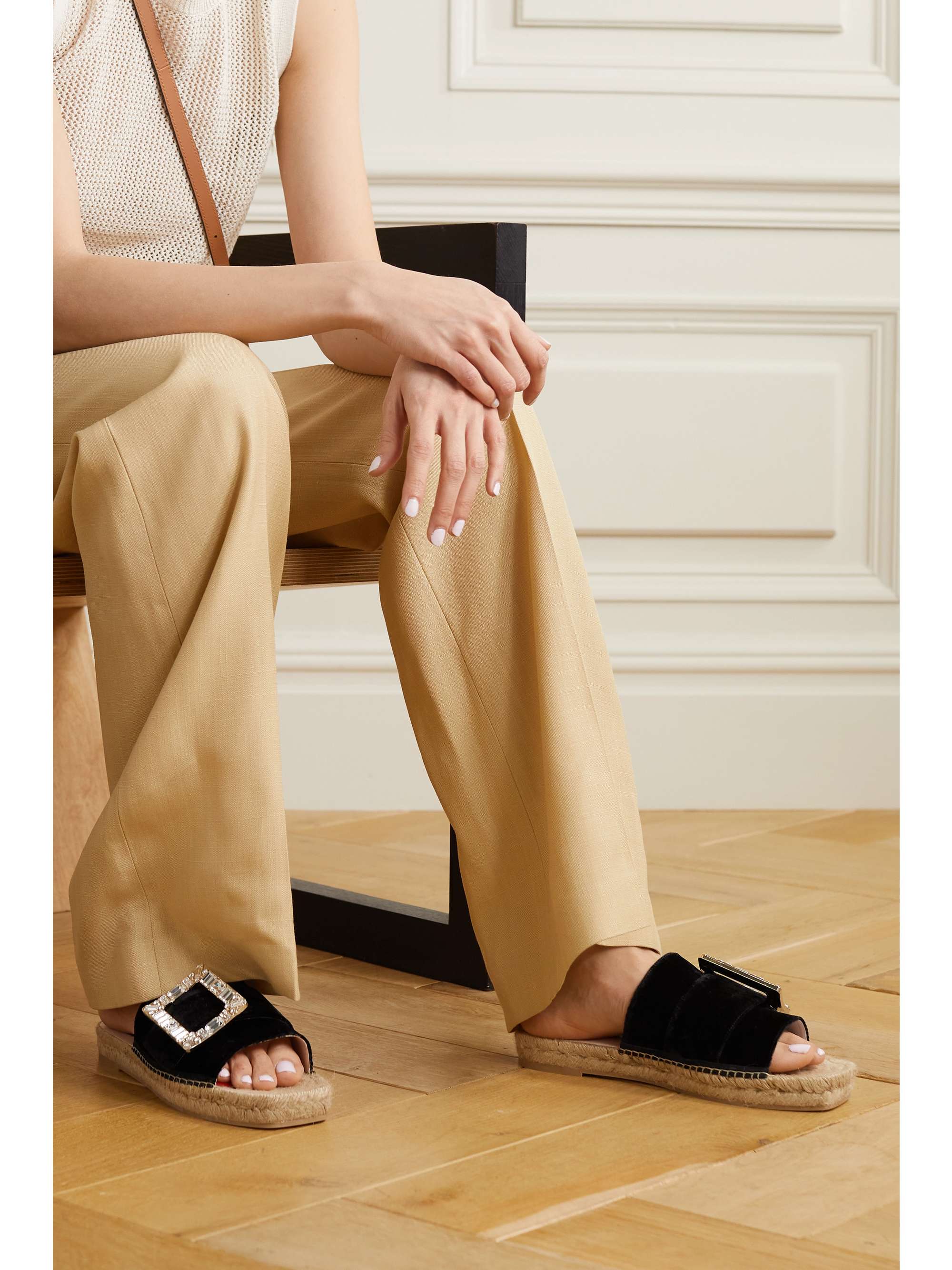 ROGER VIVIER Crystal-embellished buckled canvas espadrille slides