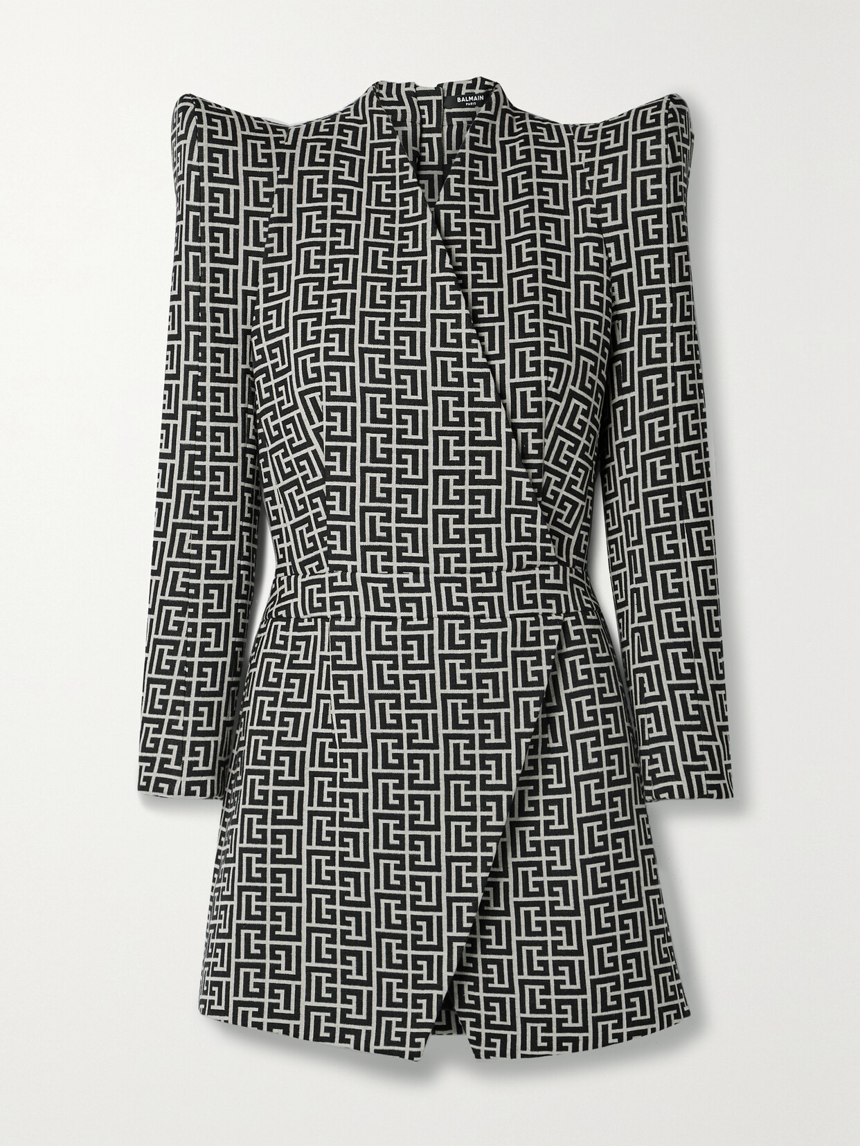 Balmain Wool-jacquard Wrap-effect Mini Dress - Black