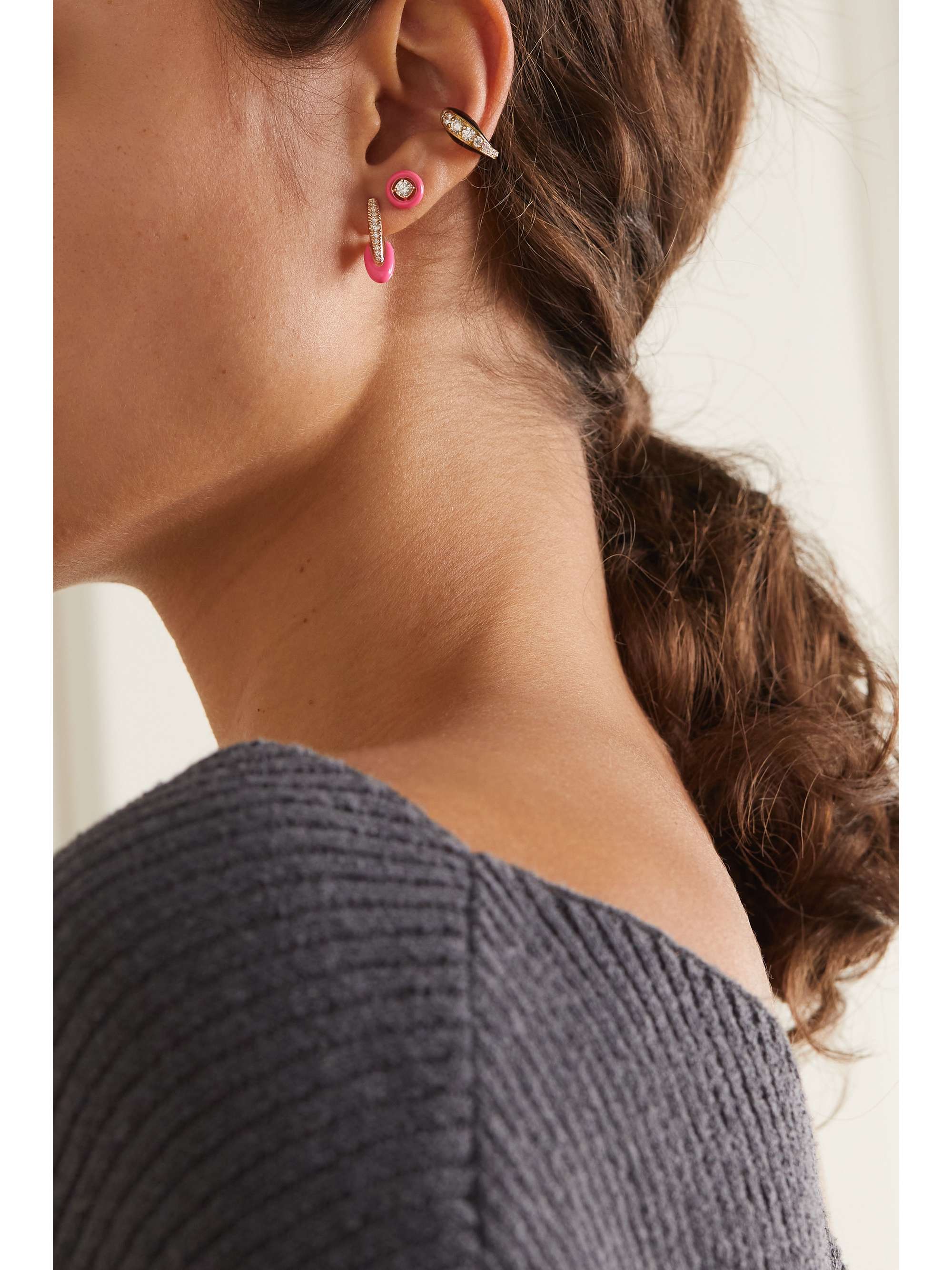 MELISSA KAYE Ada 18-karat rose gold, diamond and enamel earrings