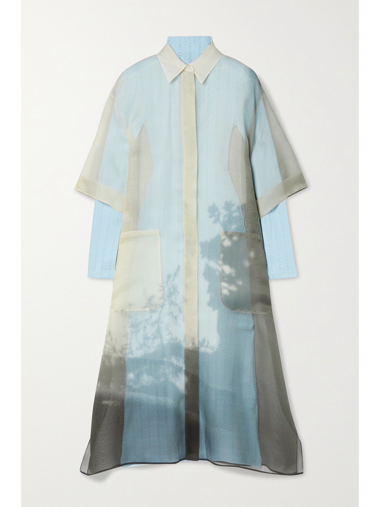 FENDI LAYERED PRINTED SILK-ORGANZA AND POINTELLE-KNIT MIDI DRESS