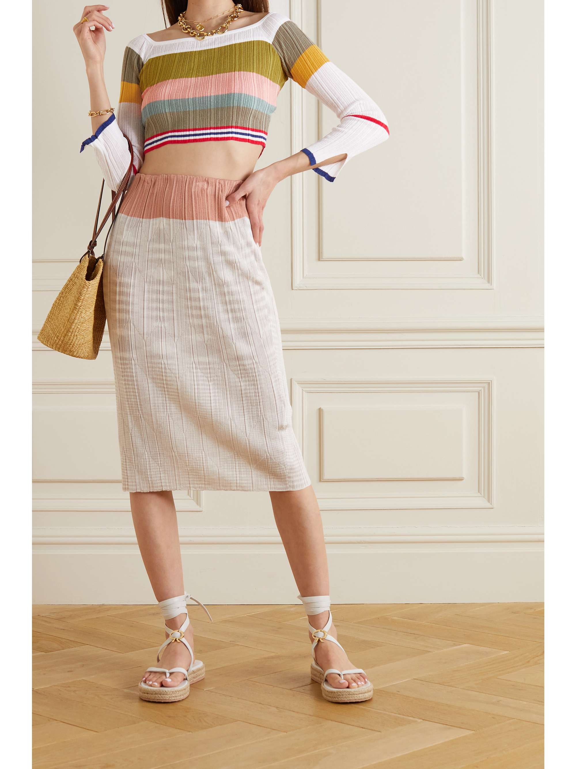 MISSONI Off-the-shoulder cropped striped ribbed-knit top