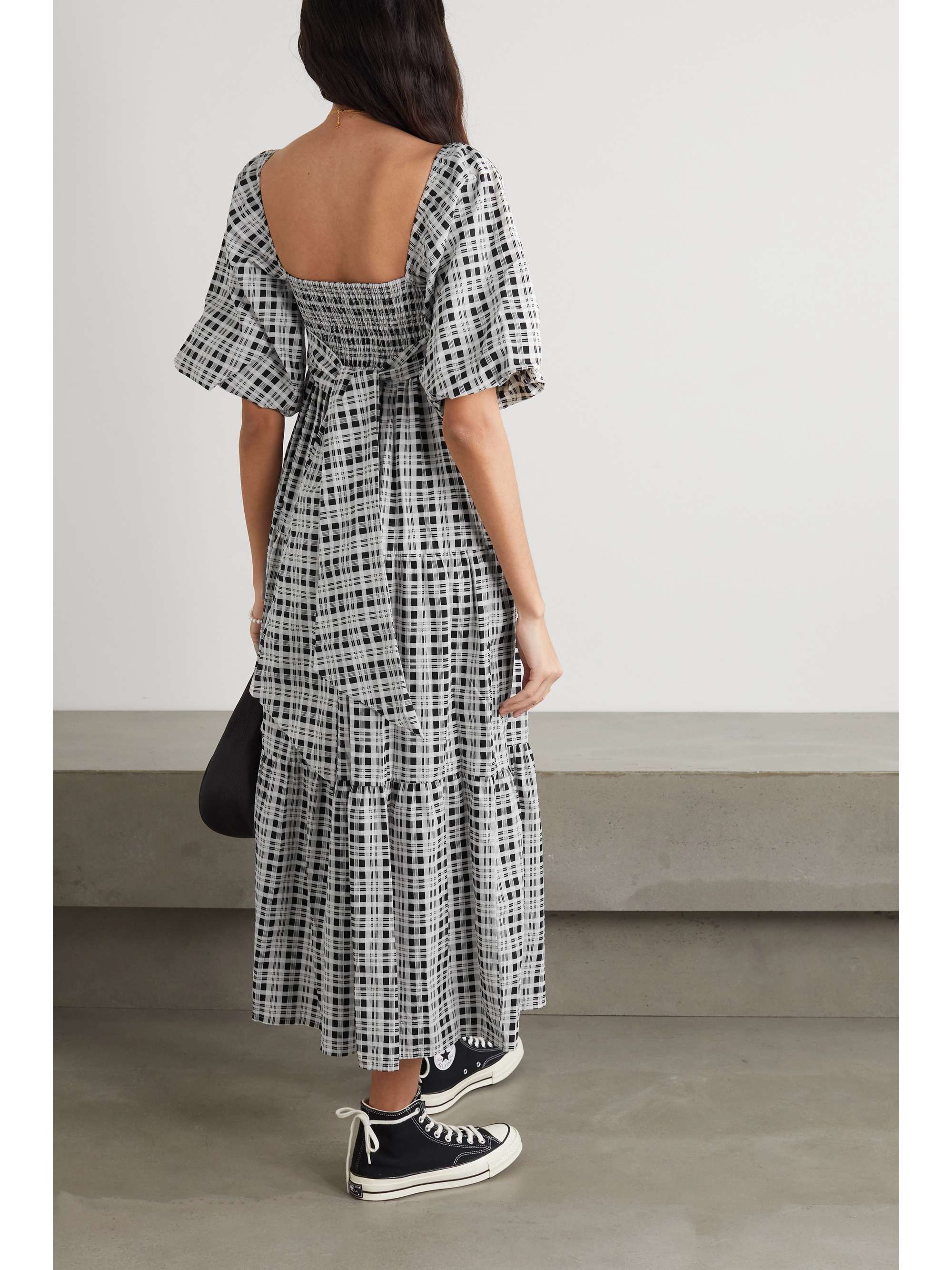FAITHFULL + NET SUSTAIN Kiona tiered checked cotton-poplin midi dress