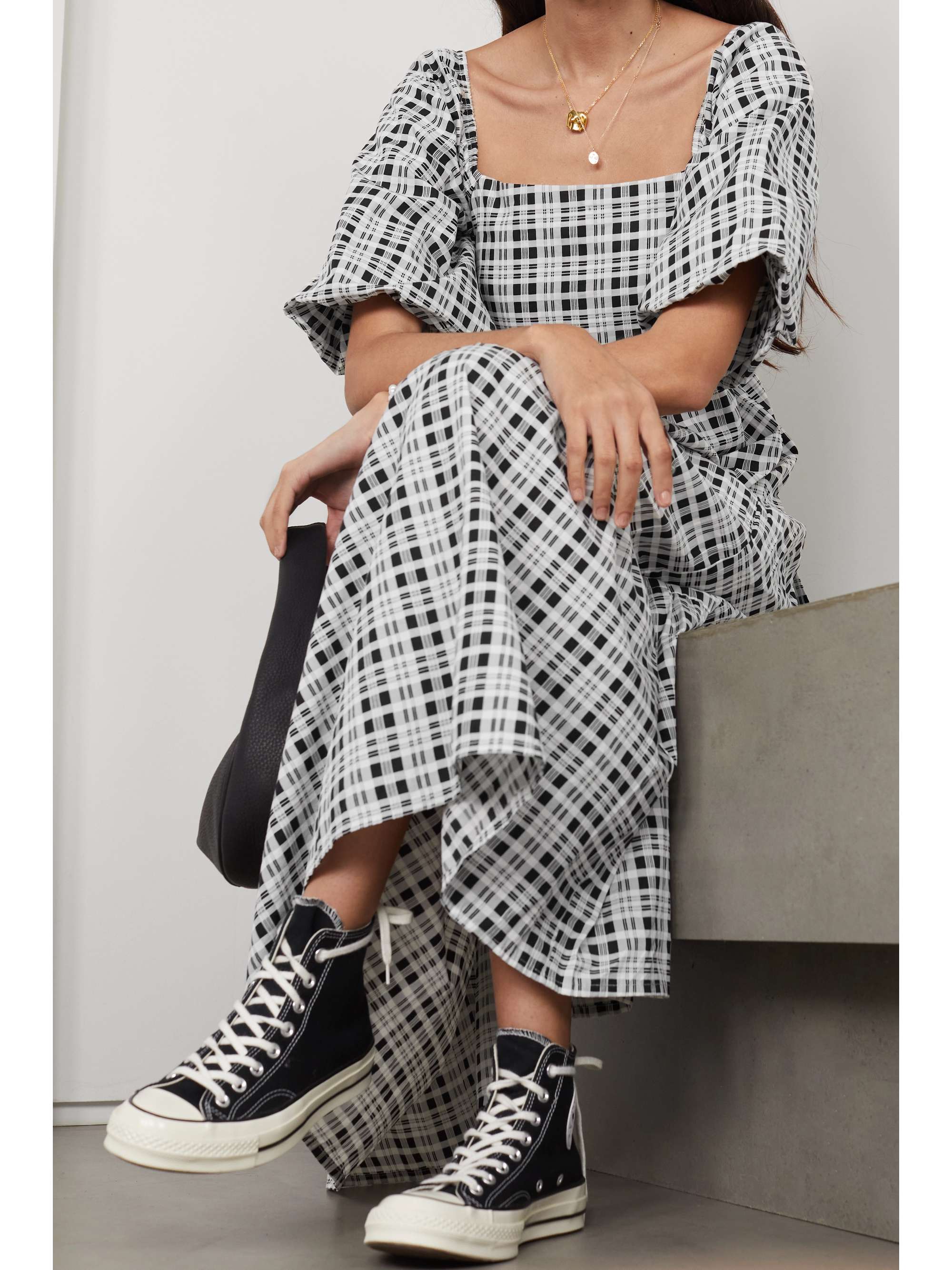 FAITHFULL + NET SUSTAIN Kiona tiered checked cotton-poplin midi dress