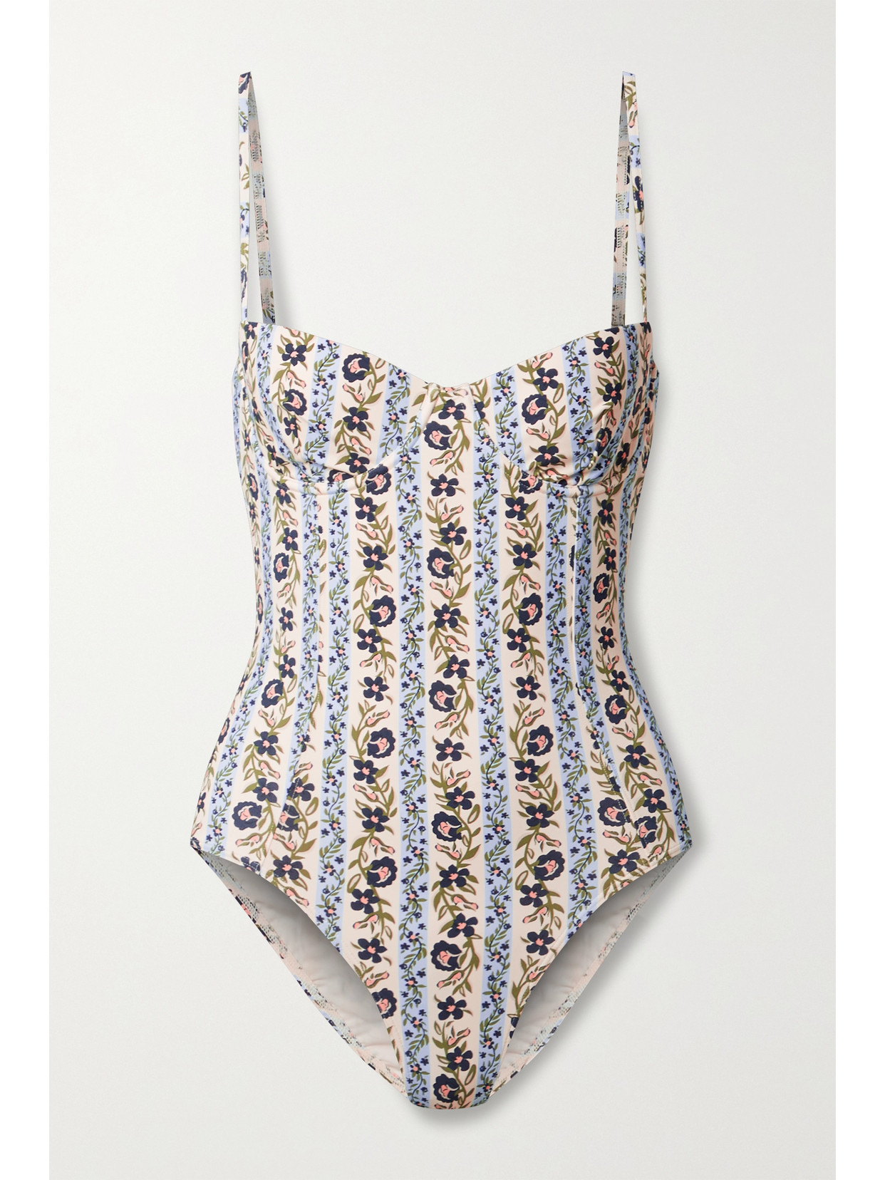 Tory Burch Striped Floral-print Underwired Swimsuit In Light Blue
