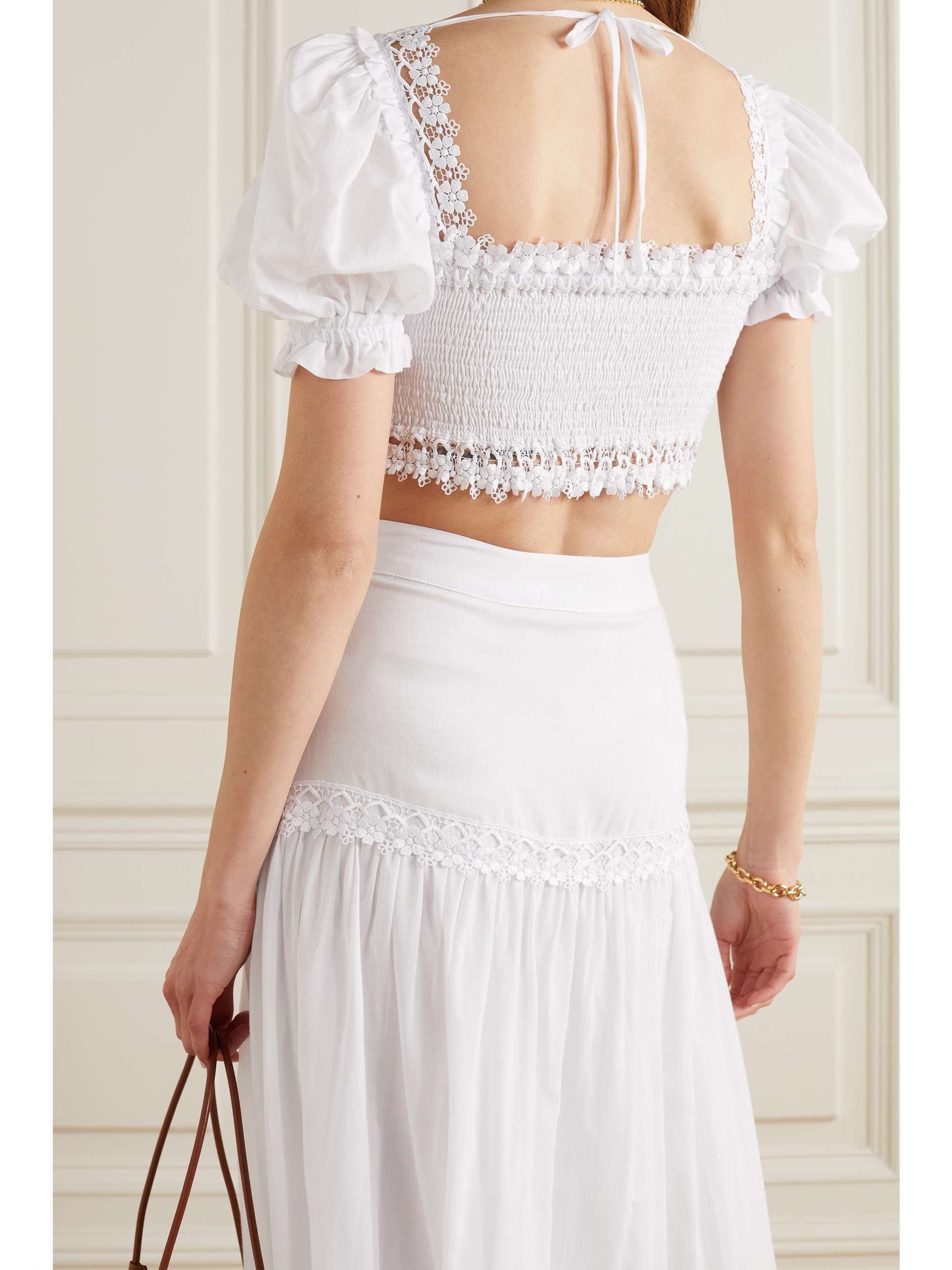 CHARO RUIZ Judy cropped crochet-trimmed shirred cotton-blend voile top