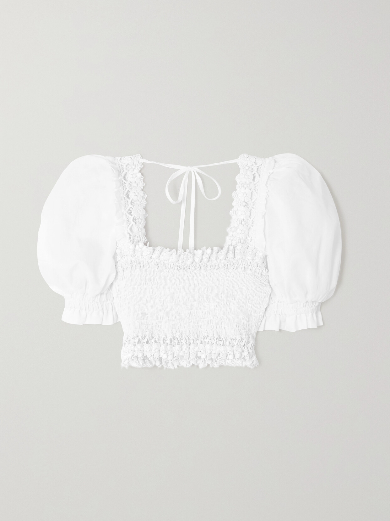 Charo Ruiz Judy Cropped Crochet-trimmed Shirred Cotton-blend Voile Top In White
