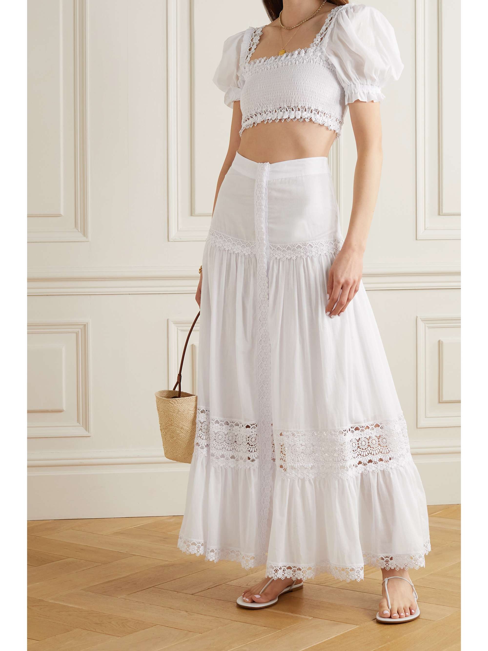 CHARO RUIZ Judy cropped crochet-trimmed shirred cotton-blend voile top