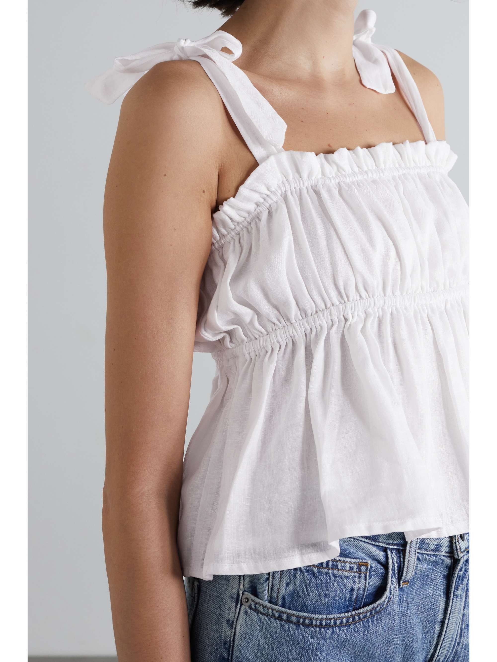 FAITHFULL THE BRAND Le Camille tie-detailed shirred linen top