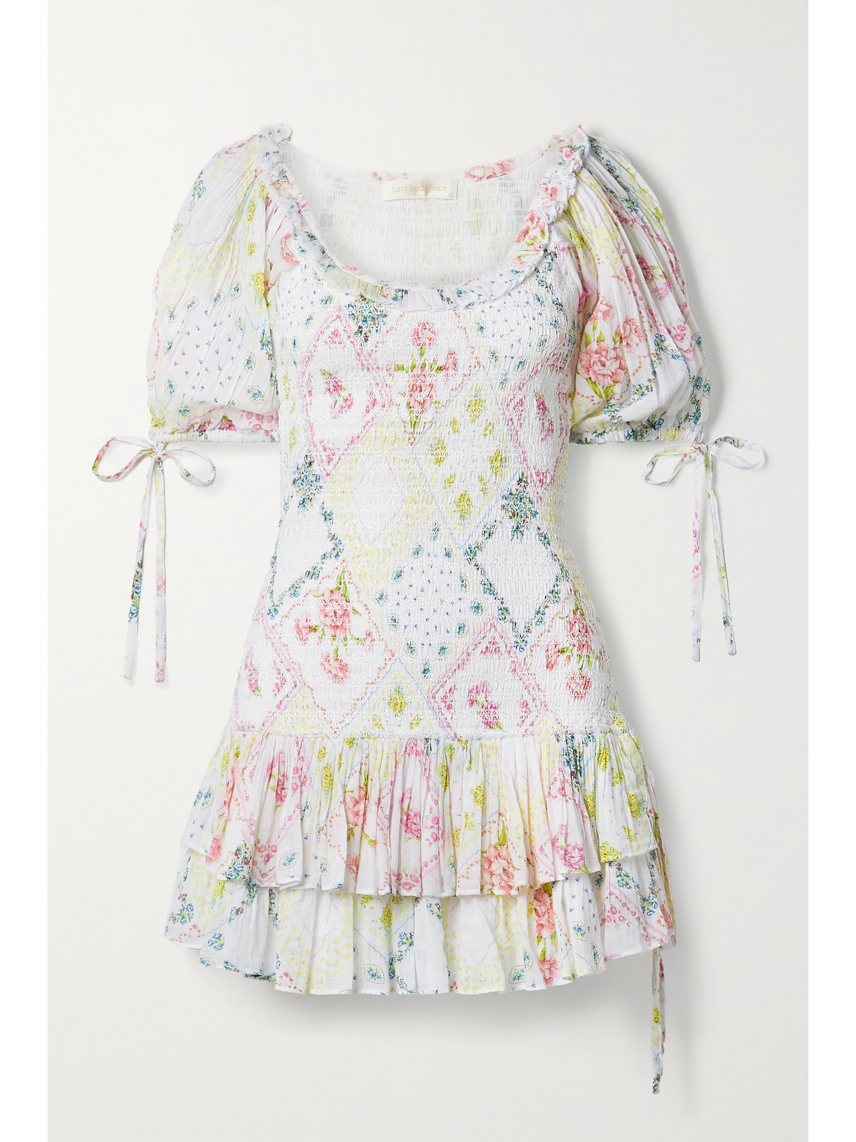 LoveShackFancy – Violet Ruffled Shirred Printed Cotton-voile Mini Dress – White