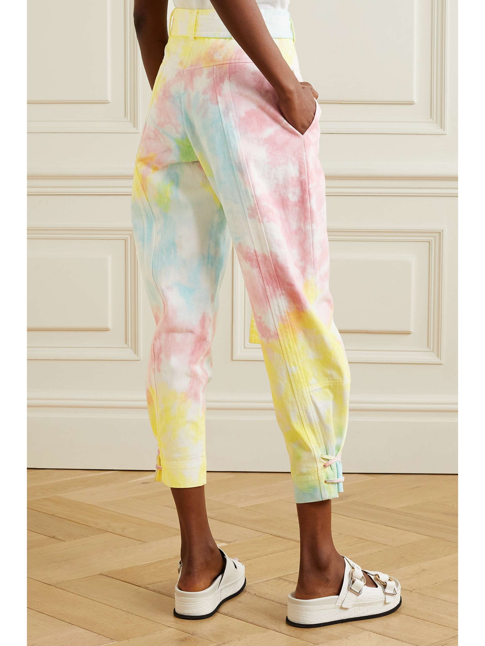 LOVESHACKFANCY Tao cropped belted tie-dyed cotton-blend twill tapered pants