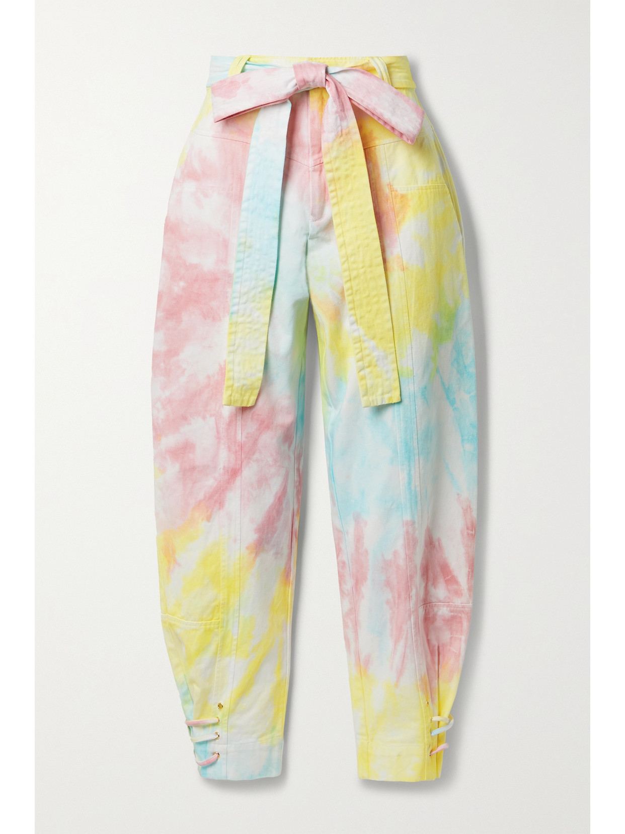 Loveshackfancy Tao Cropped Belted Tie-dyed Cotton-blend Twill Tapered Pants In Yellow