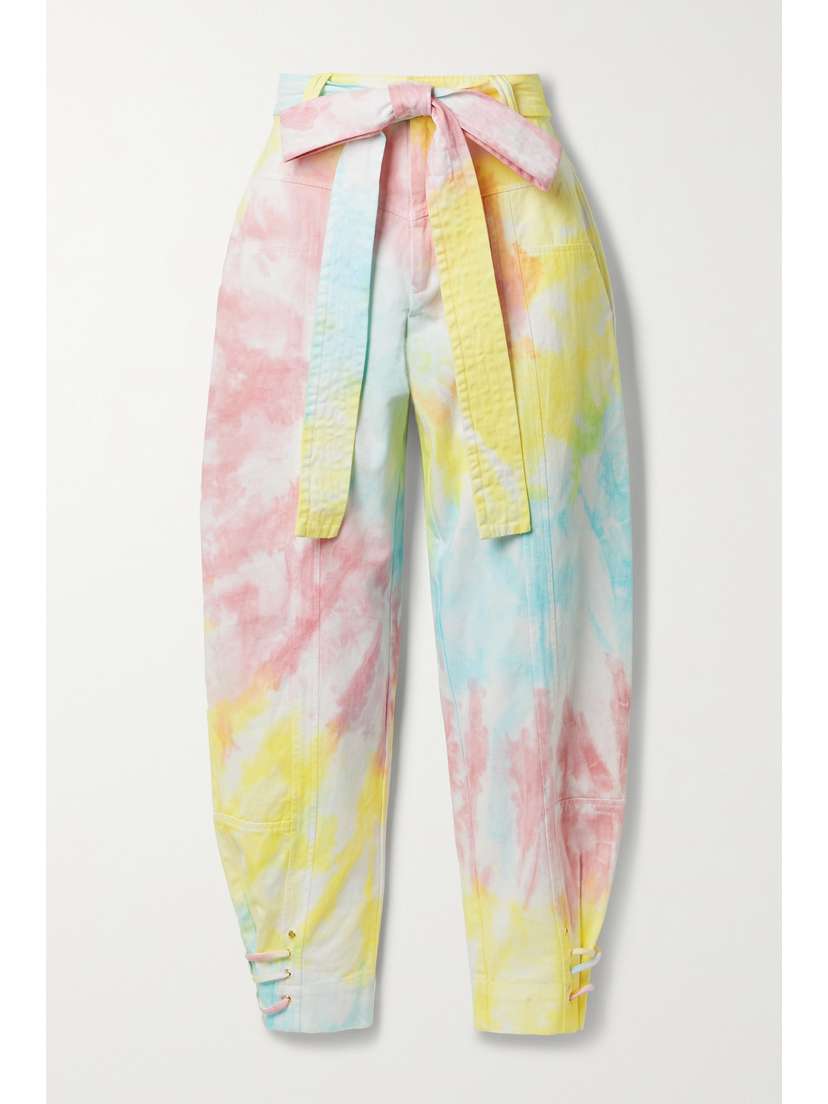 LoveShackFancy Tao Cropped Belted Tie-dyed Cotton-blend Twill Tapered Pants