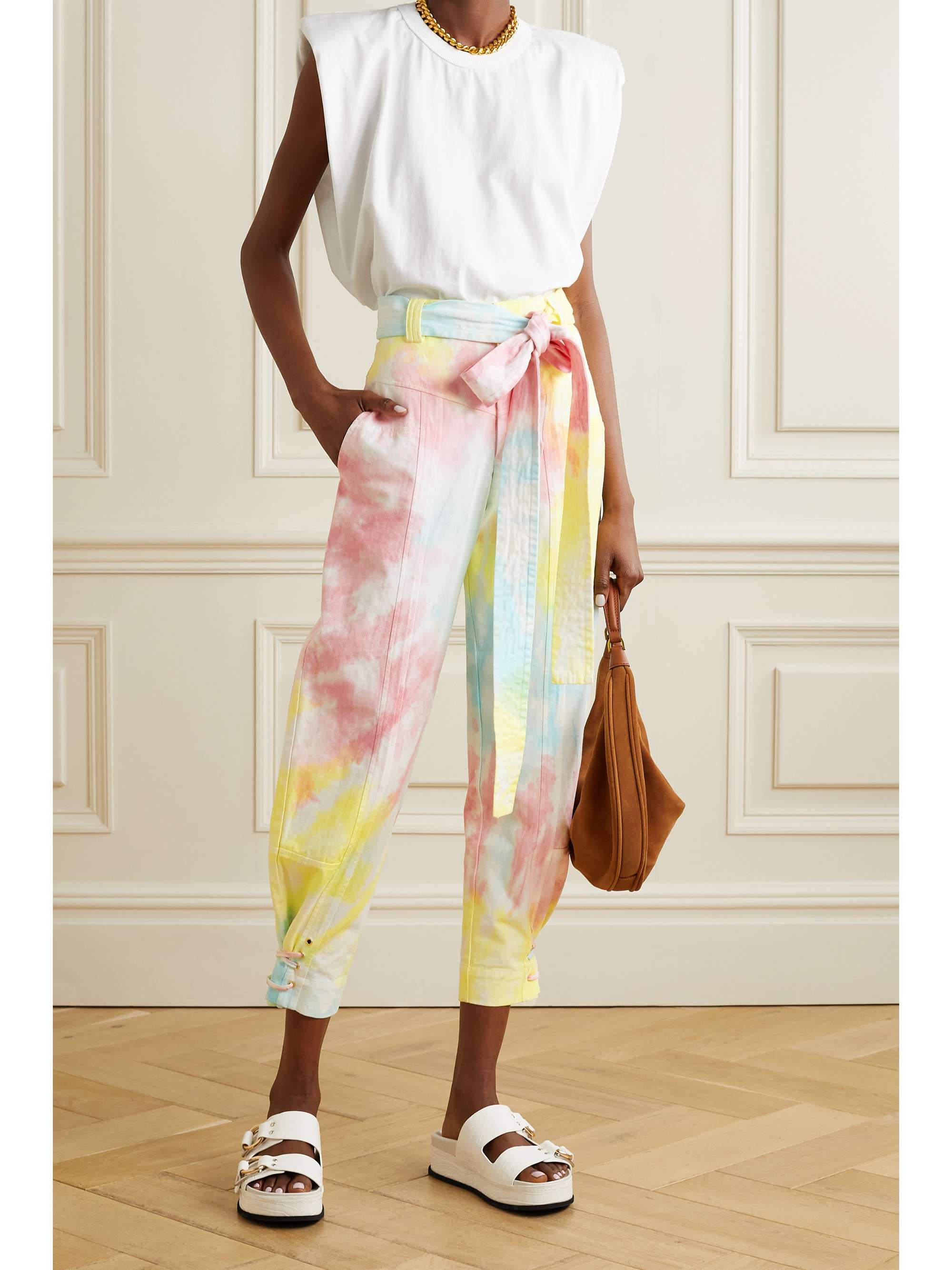 LOVESHACKFANCY Tao cropped belted tie-dyed cotton-blend twill tapered pants