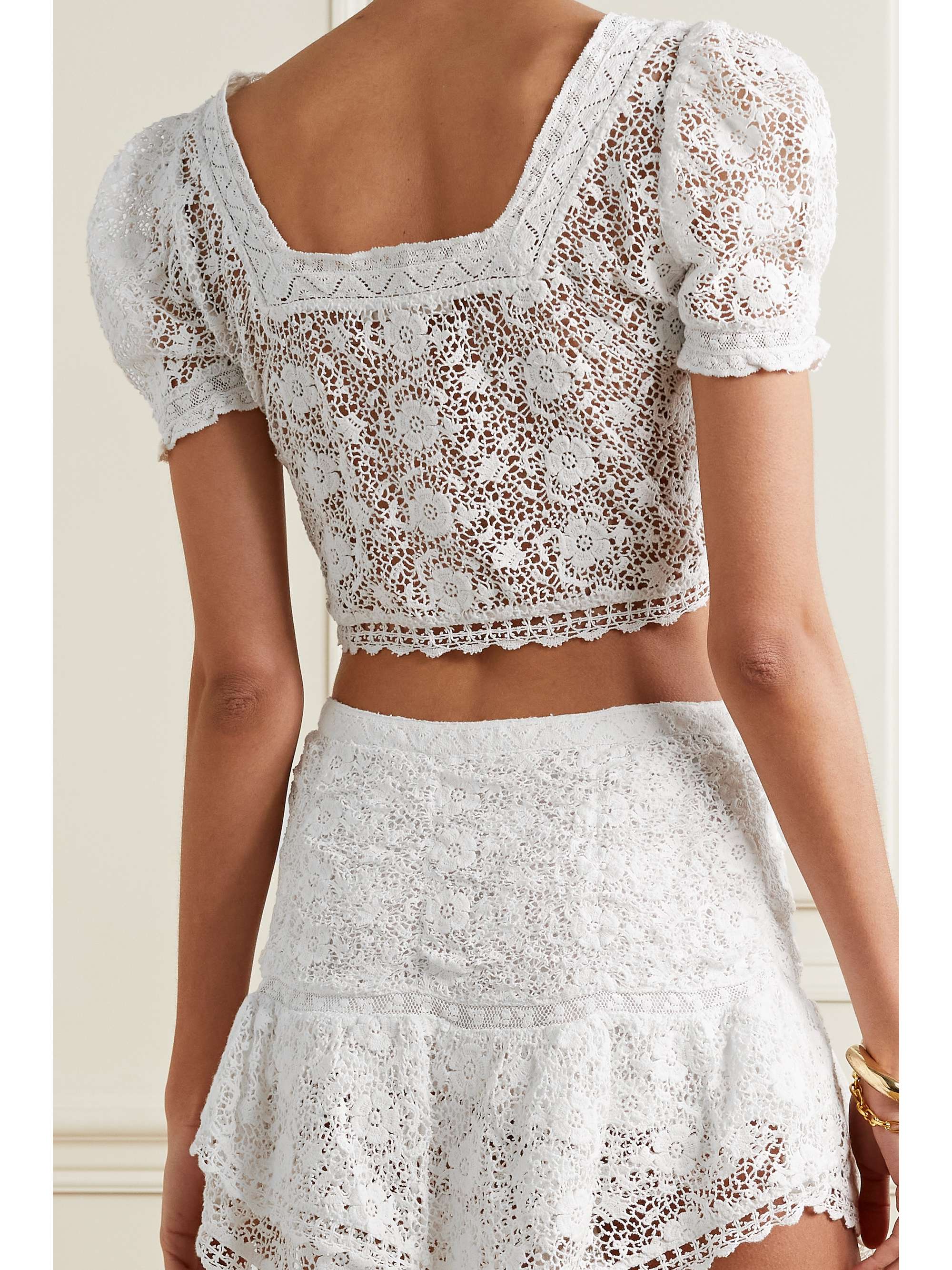 LOVESHACKFANCY Carmeline cropped lace-trimmed crocheted cotton top