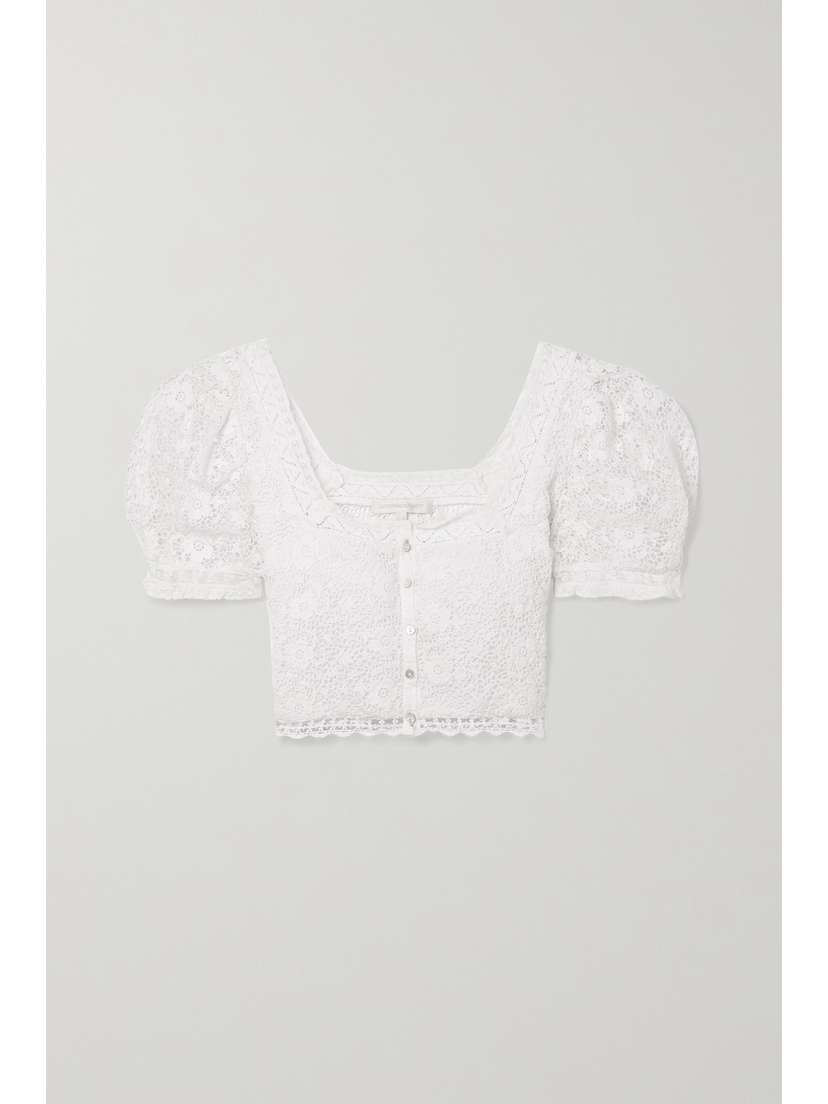 LoveShackFancy Carmeline Cropped Lace-trimmed Crocheted Cotton Top