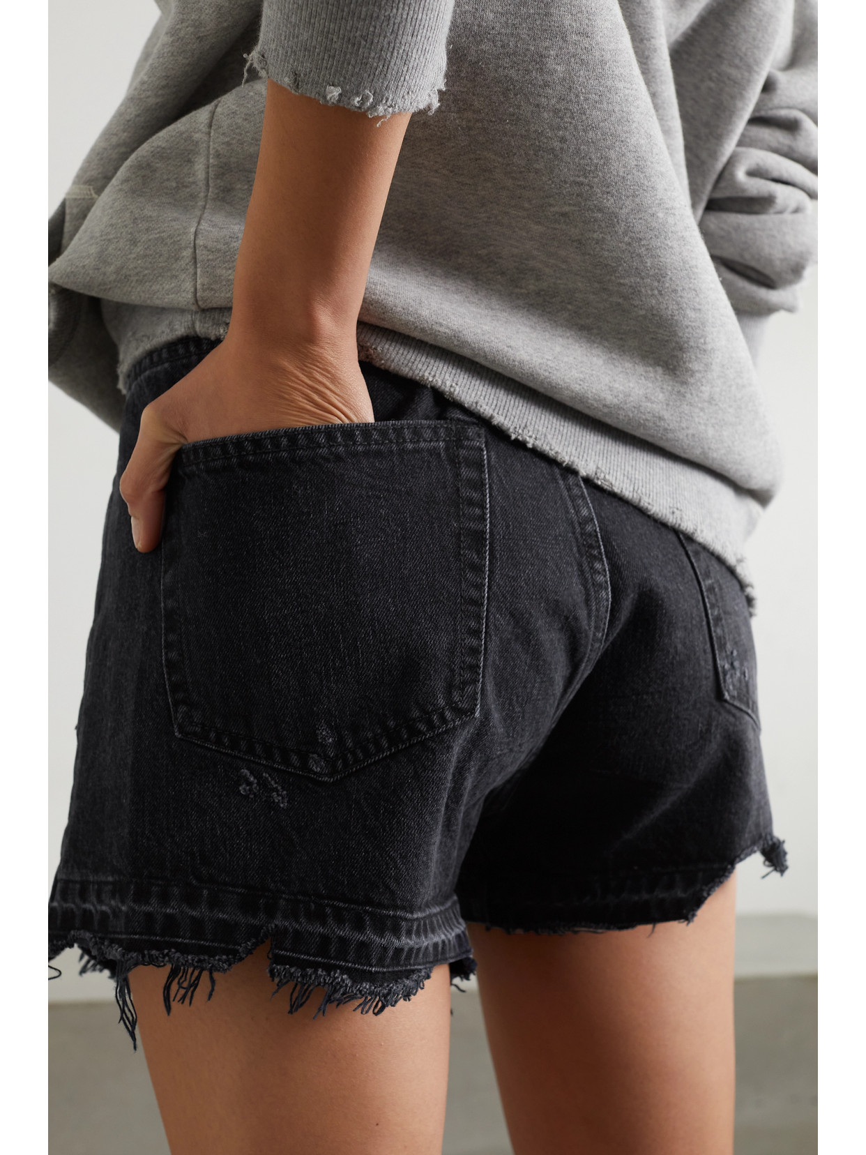 R13 Crossover Asymmetric Distressed Denim Shorts In Black
