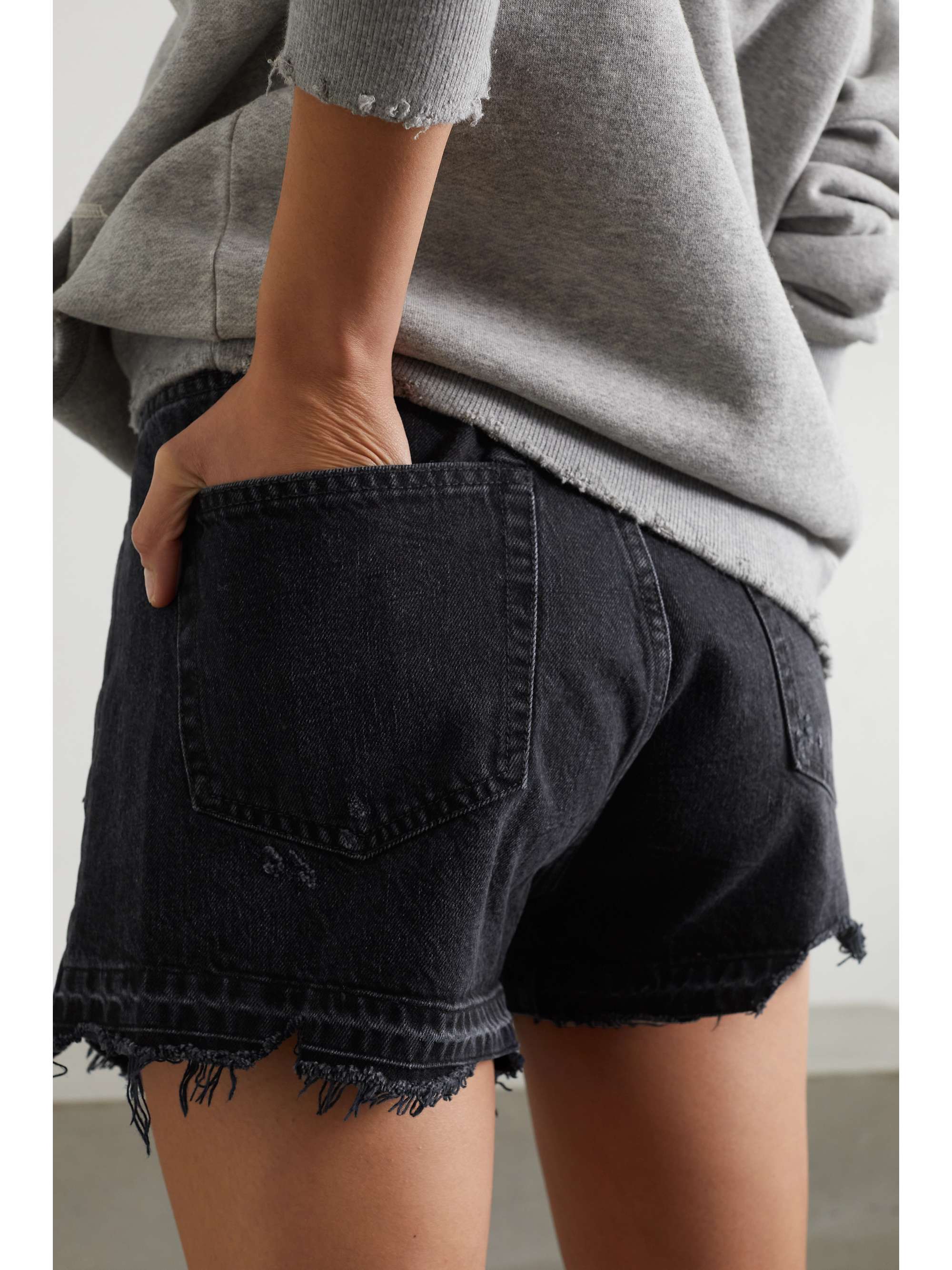 R13 Crossover asymmetric distressed denim shorts