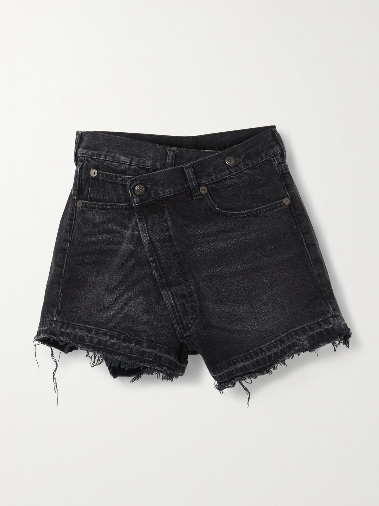 R13 Crossover Asymmetric Distressed Denim Shorts In Black