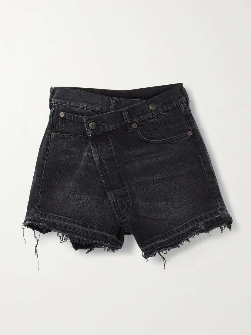 R13 Crossover Asymmetric Distressed Denim Shorts