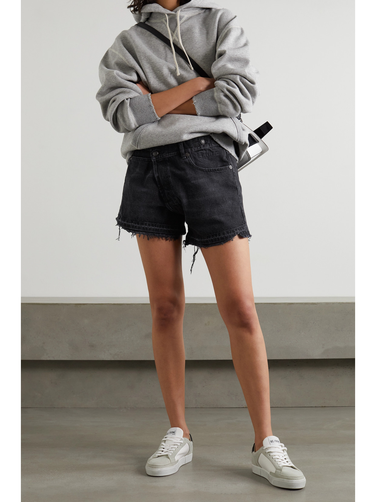 R13 Crossover Asymmetric Distressed Denim Shorts In Black
