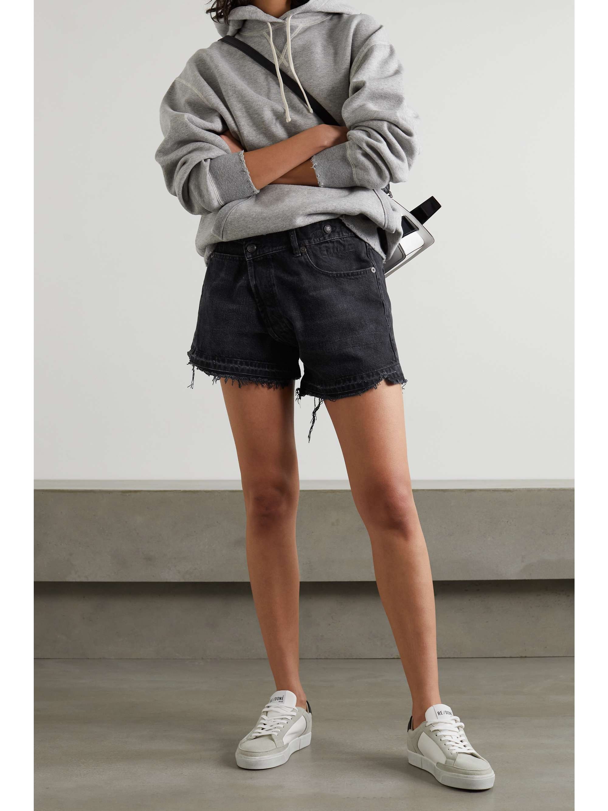 R13 Crossover asymmetric distressed denim shorts