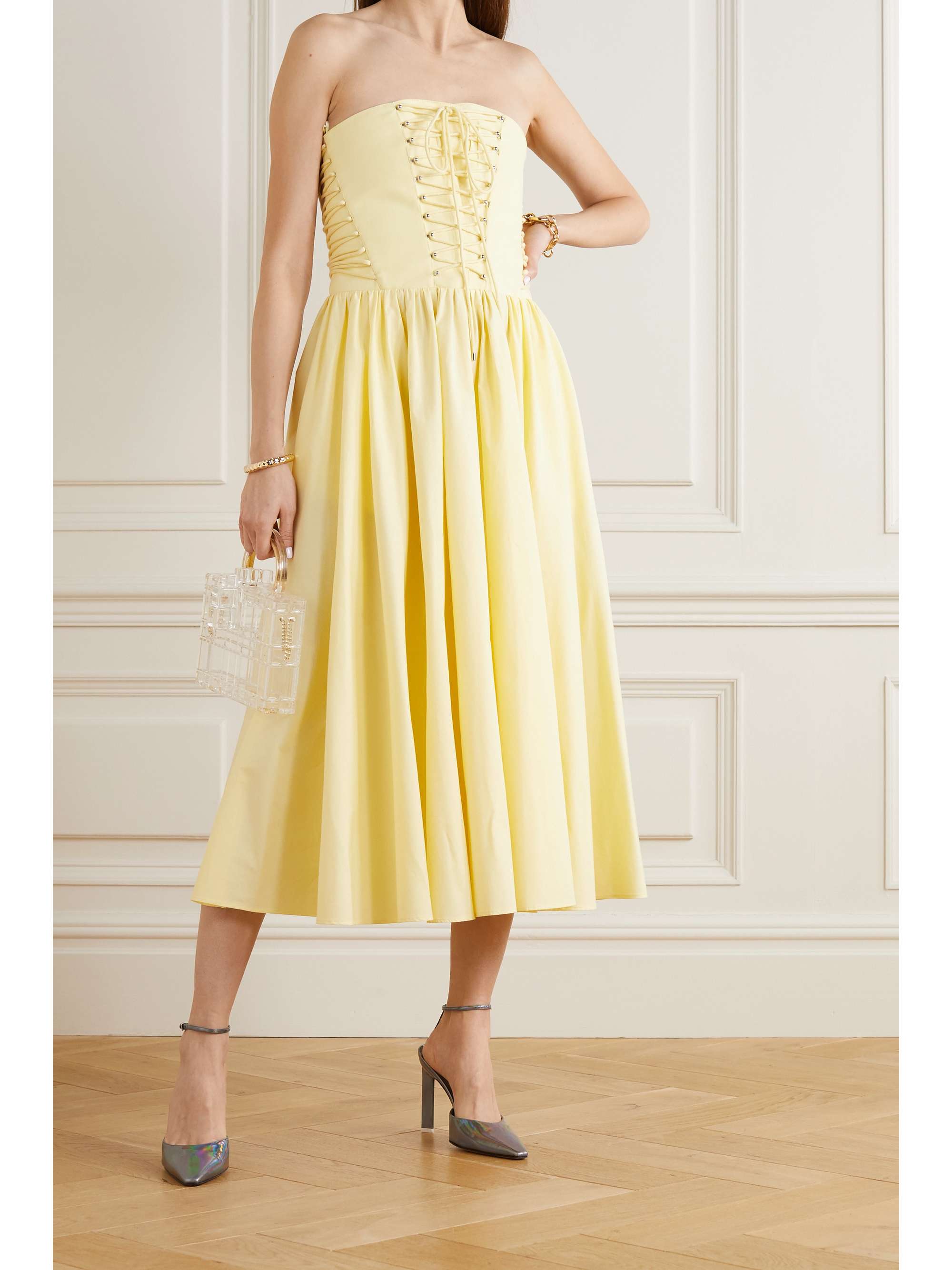 yellow strapless gown