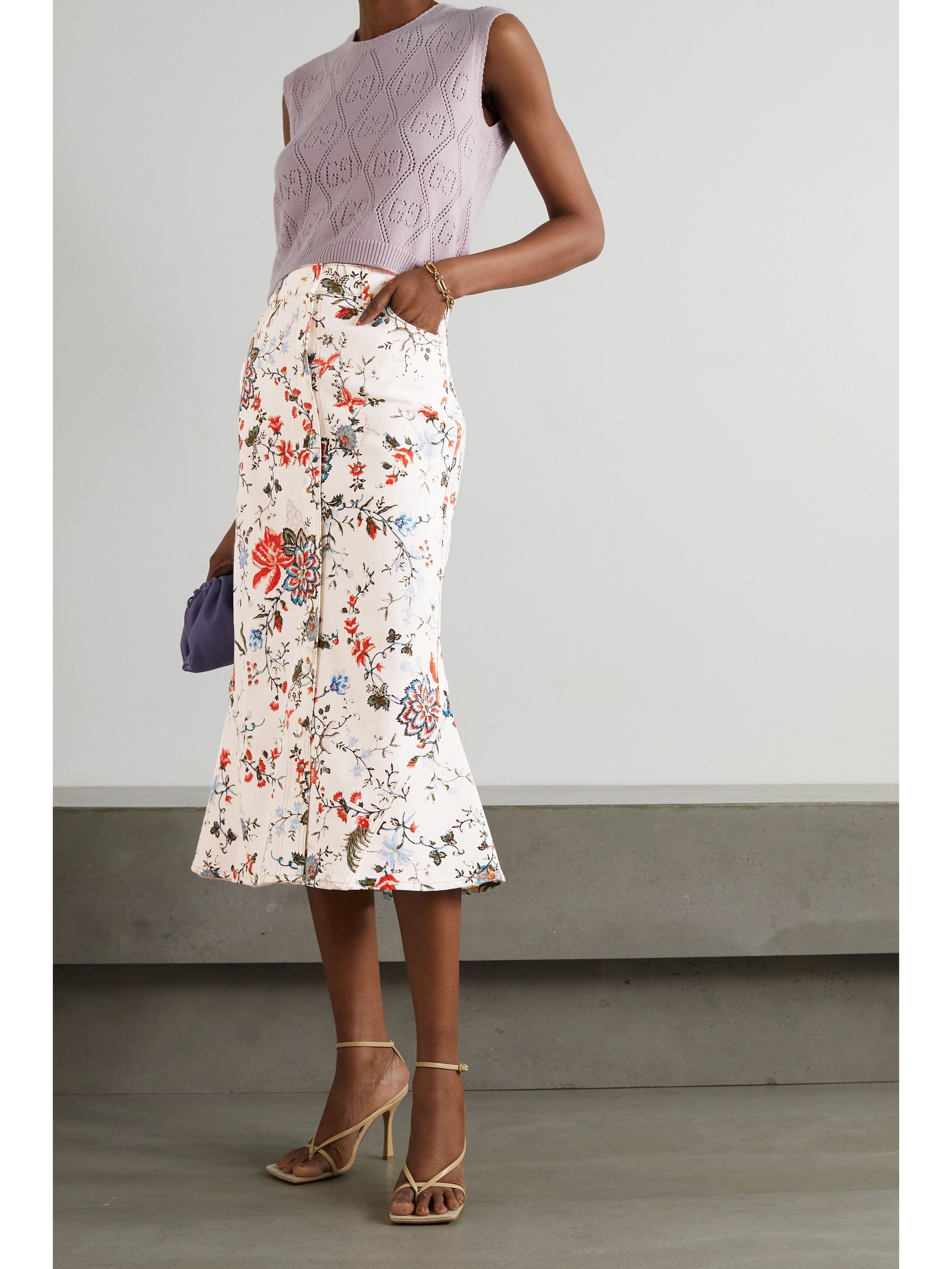 White Victorine floral-print denim midi 
