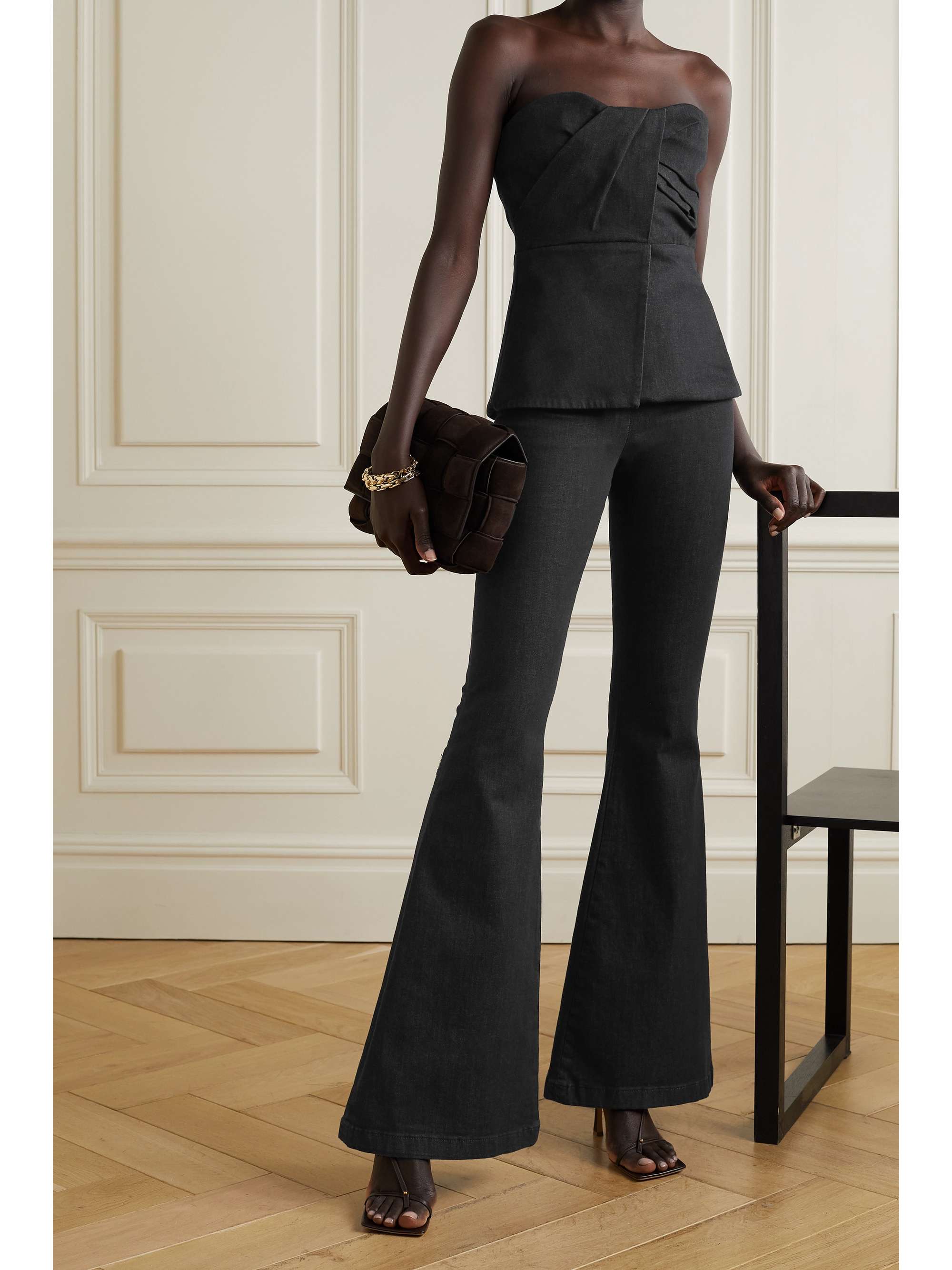 SAFIYAA Macie wrap-effect pleated stretch-denim bustier top