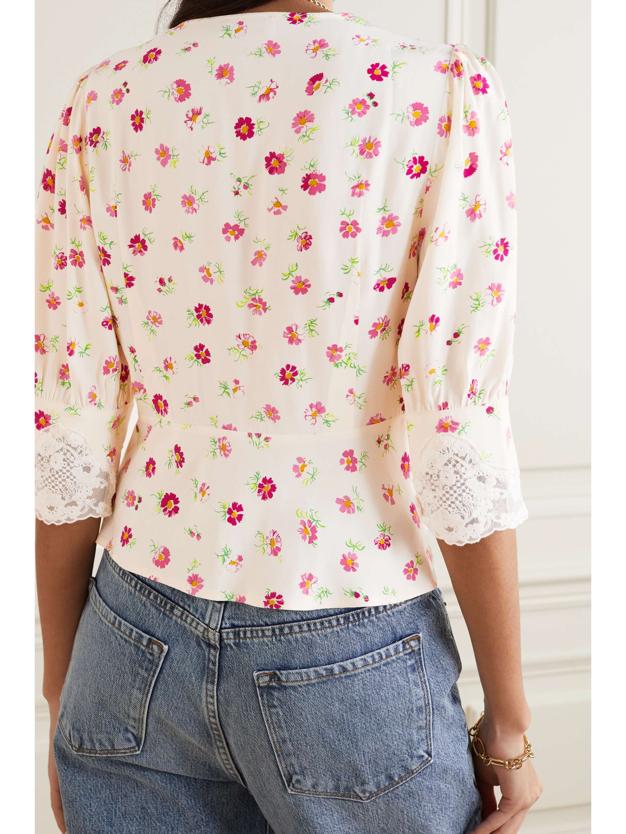 RIXO Amanda cropped lace-trimmed floral-print crepe de chine blouse