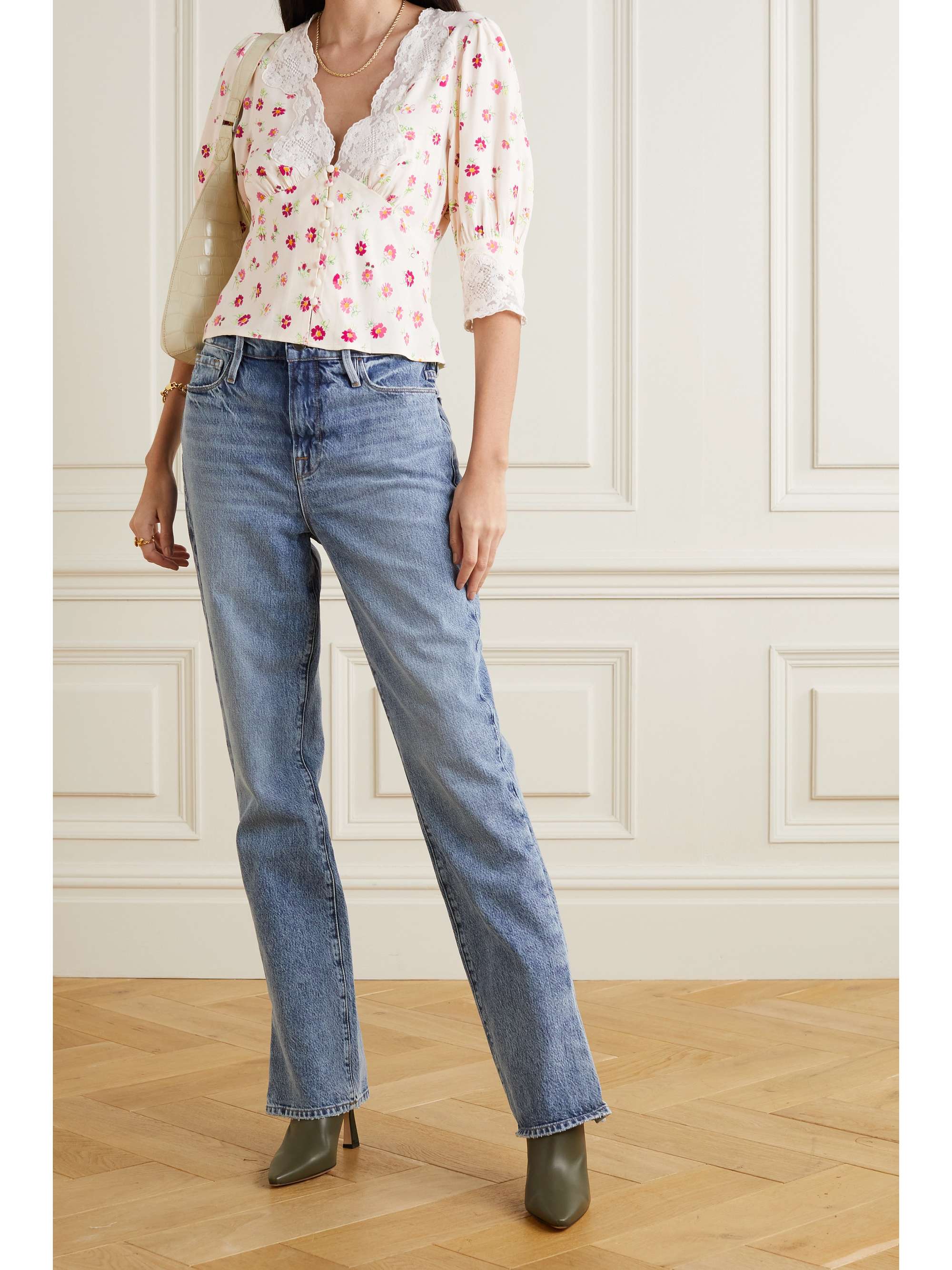 RIXO Amanda cropped lace-trimmed floral-print crepe de chine blouse