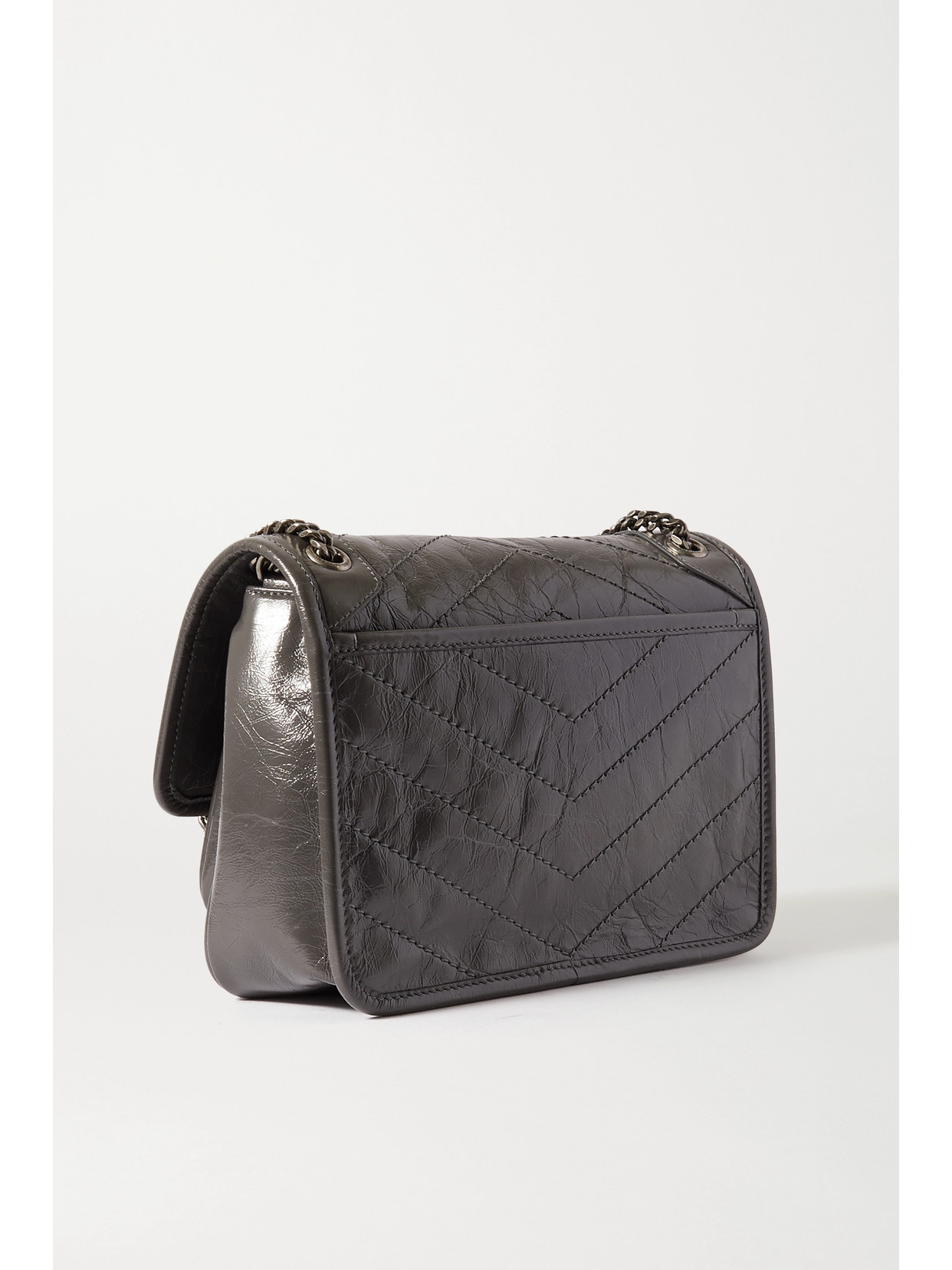 Shop Saint Laurent Niki Baby Quilted Crinkled Glossed-leather Shoulder Bag In Gray