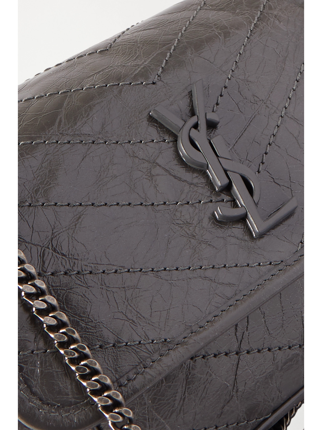 Shop Saint Laurent Niki Baby Mini Quilted Crinkled Glossed-leather Shoulder Bag In Gray