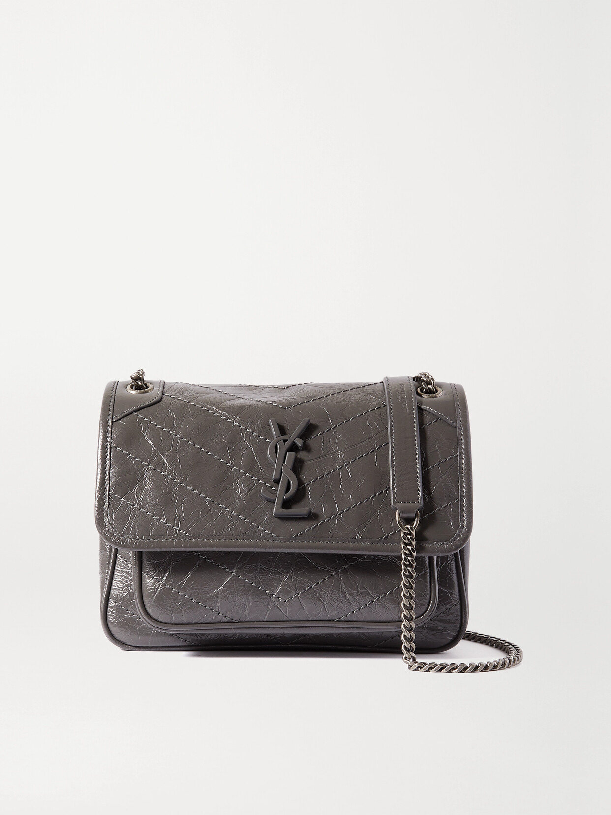 Saint Laurent Niki Baby Mini Quilted Crinkled Glossed-leather Shoulder Bag In Gray