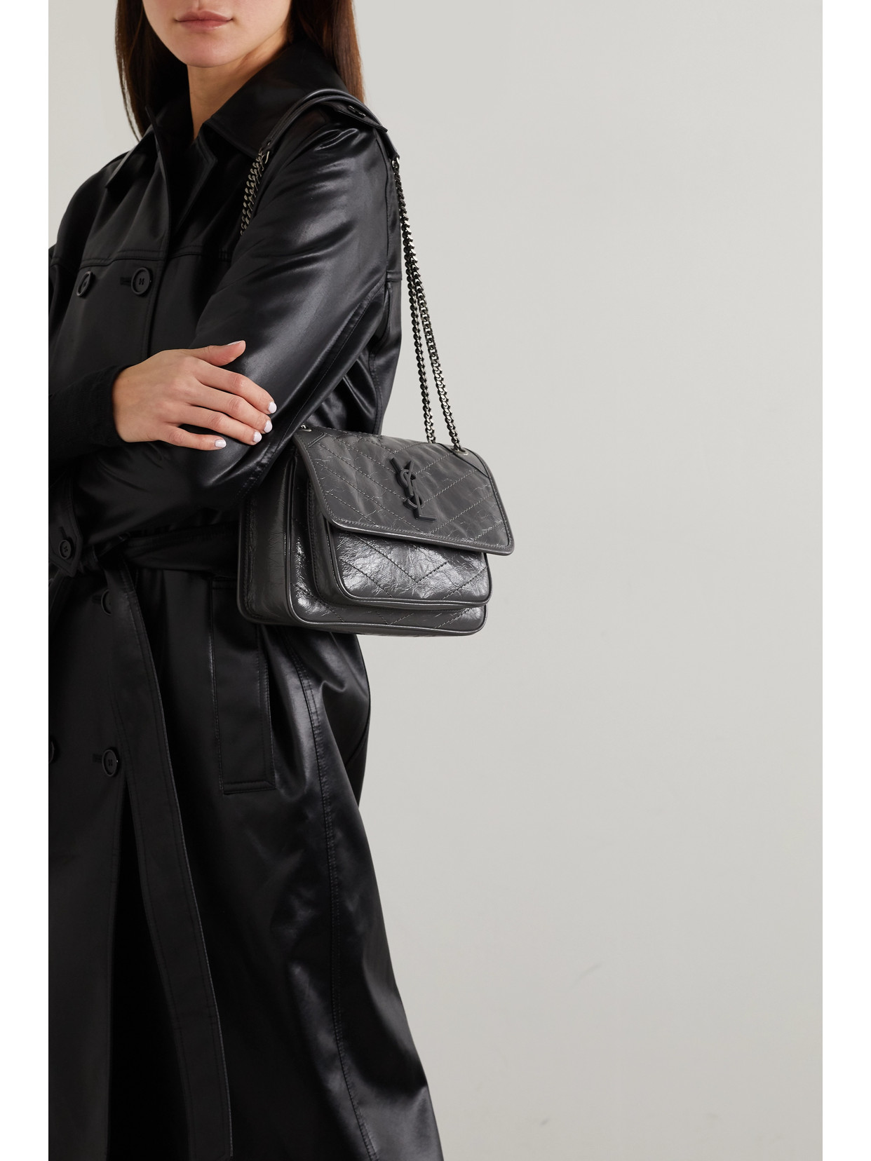 SAINT LAURENT NIKI BABY QUILTED CRINKLED GLOSSED-LEATHER SHOULDER BAG