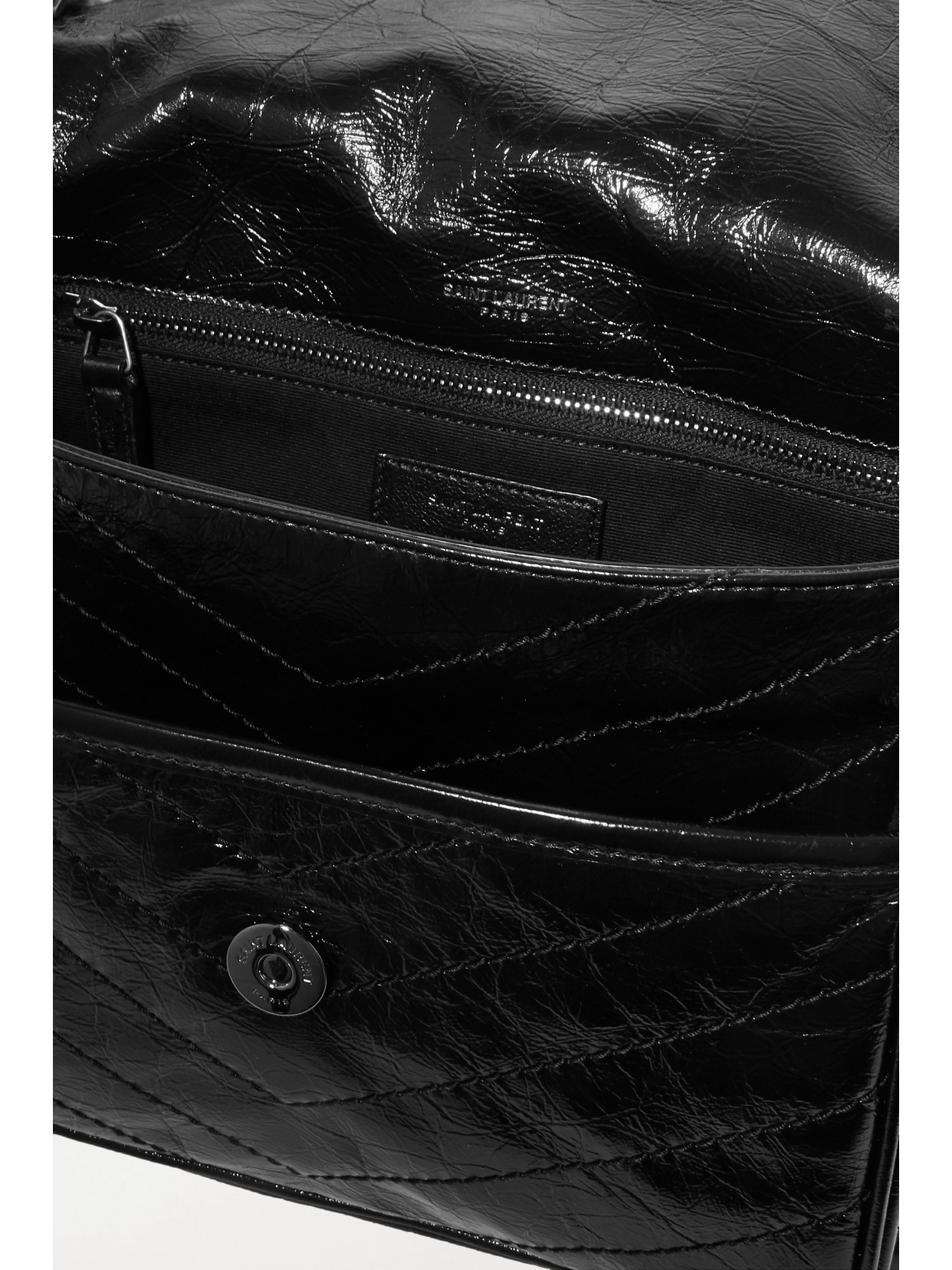 Saint Laurent Niki Medium Crinkled Glossed-leather Shoulder Bag In Black