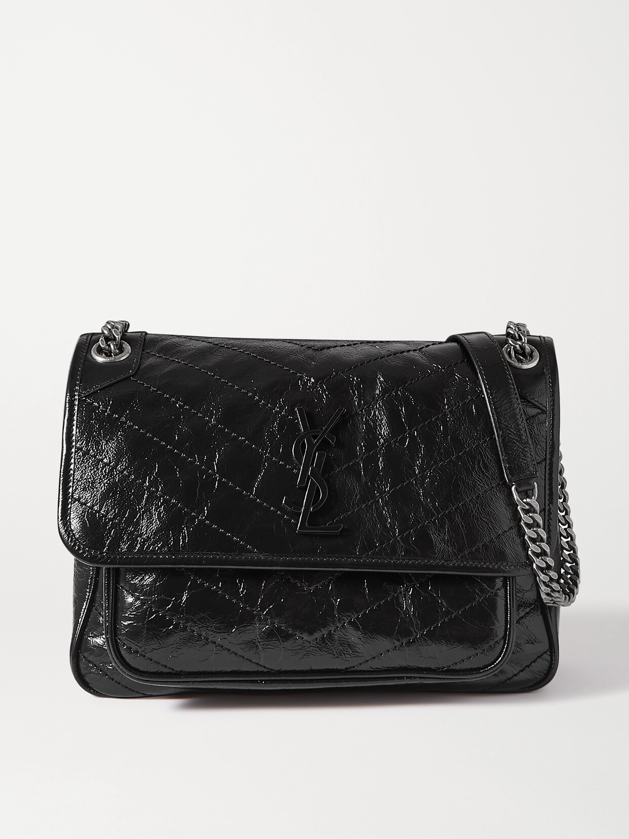 Saint Laurent Niki Medium Crinkled Glossed-leather Shoulder Bag In Black