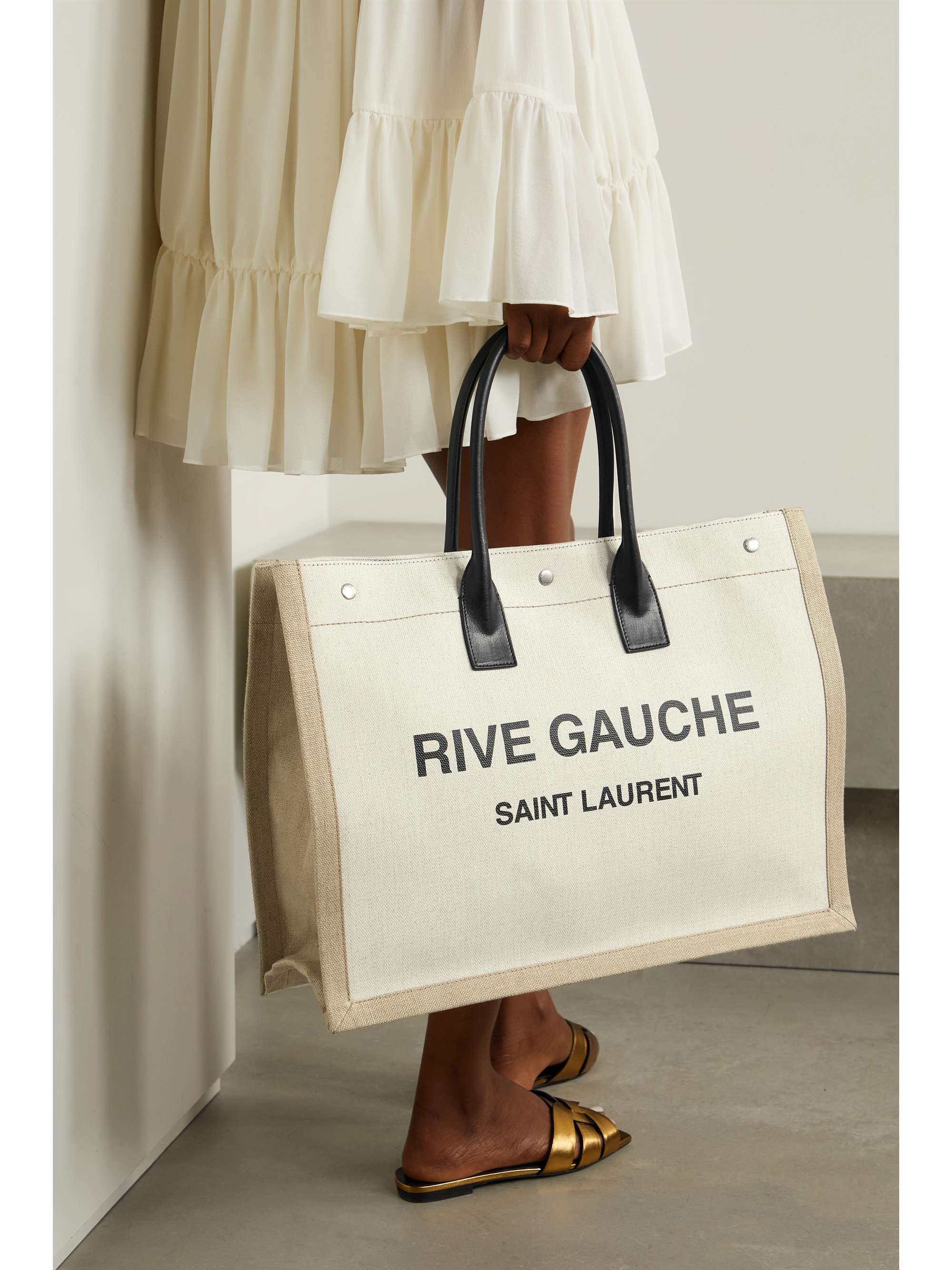 SAINT LAURENT Rive Gauche leather-trimmed printed canvas tote