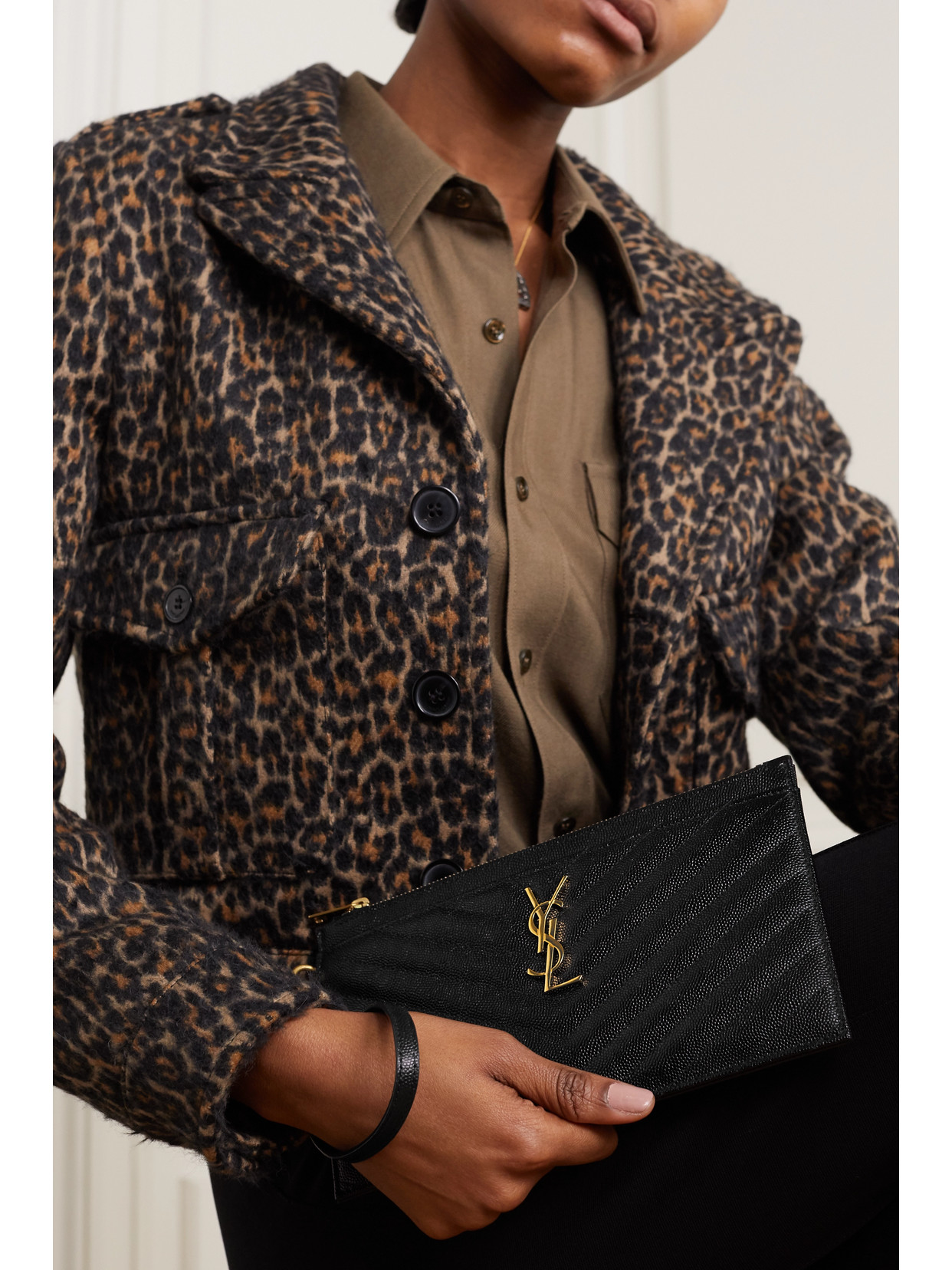 Saint Laurent Monogramme Quilted Textured-leather Pouch In Black