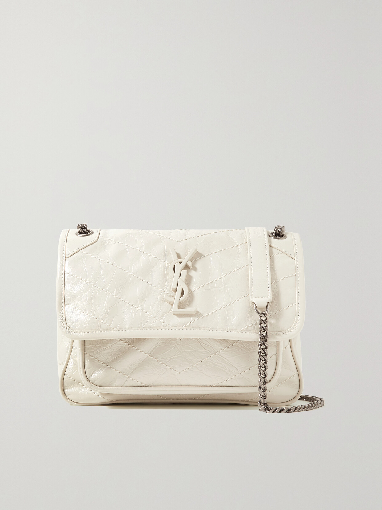 Saint Laurent Niki Baby Mini Quilted Crinkled Glossed-leather Shoulder Bag In White