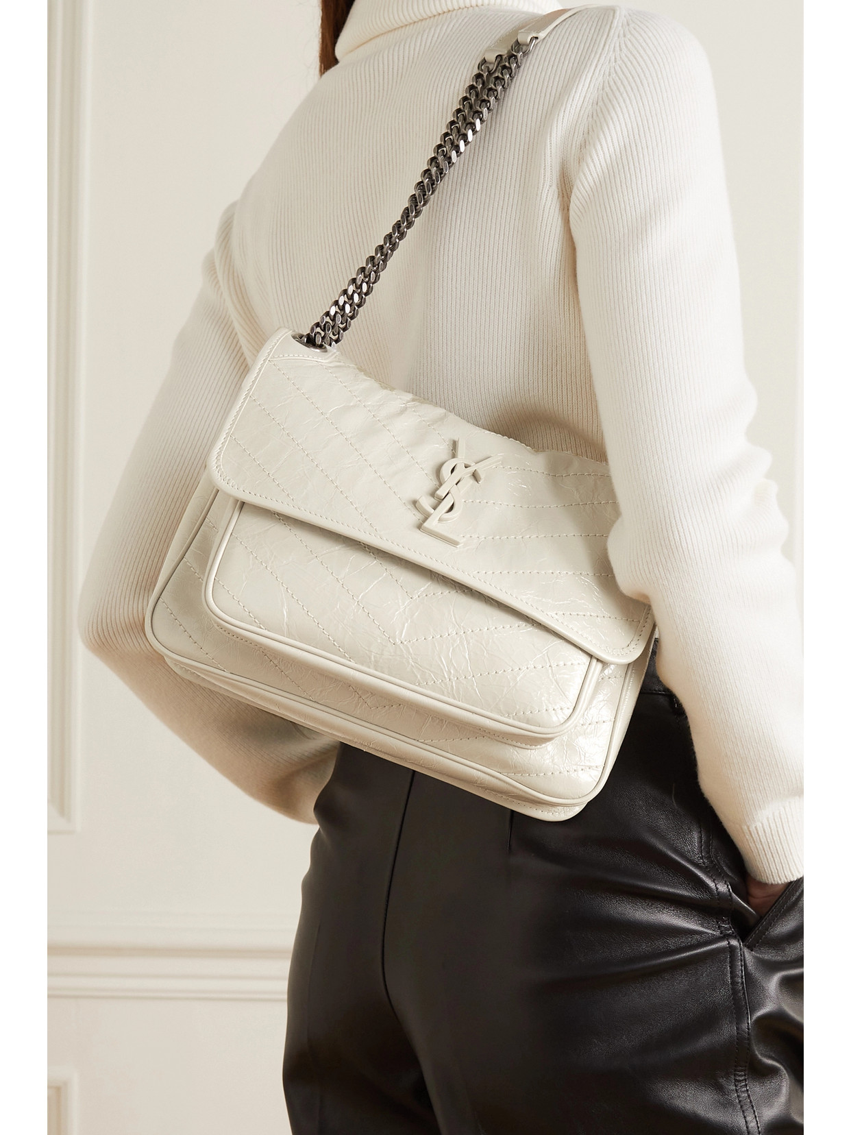 Shop Saint Laurent Niki Baby Medium Quilted Crinkled-leather Shoulder Bag In White