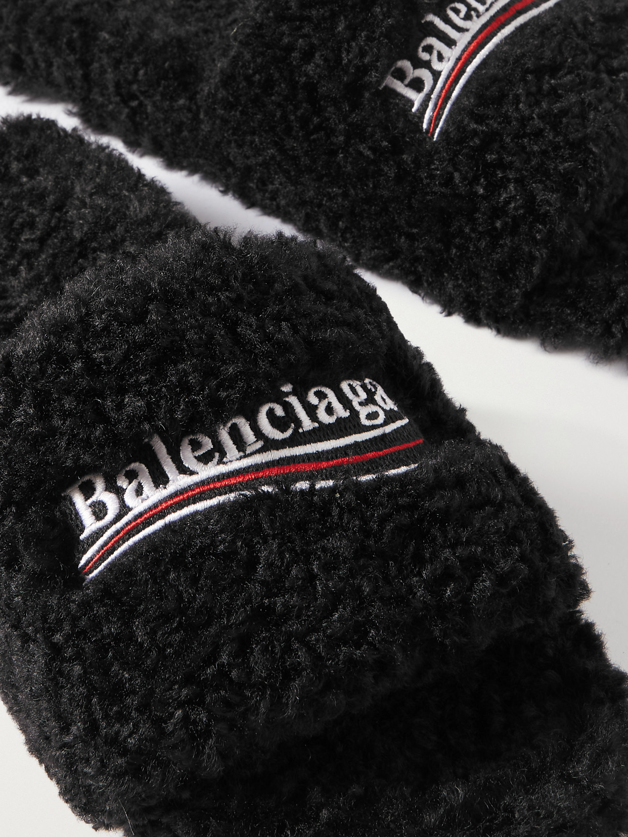 Shop Balenciaga Furry Logo-embroidered Faux Shearling Slides In Black