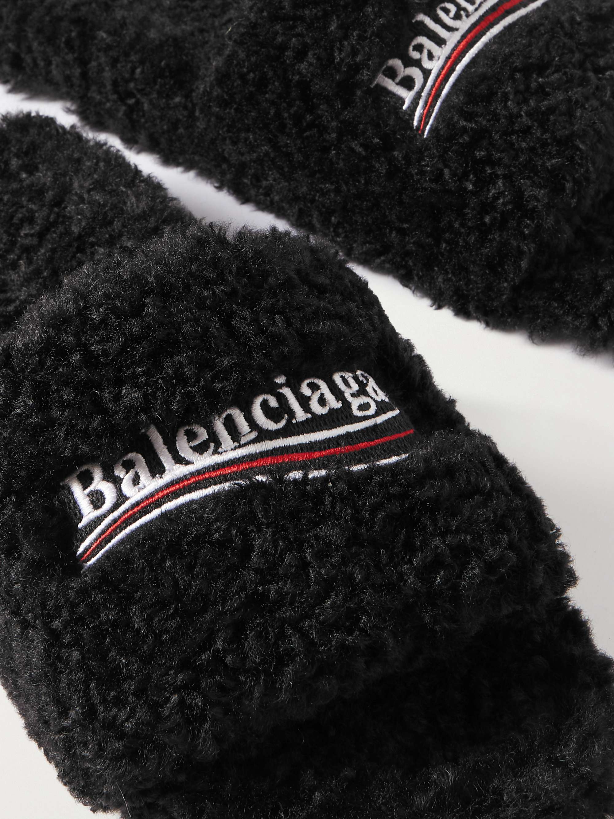 BALENCIAGA Furry logo-embroidered faux shearling slides | NET-A-PORTER