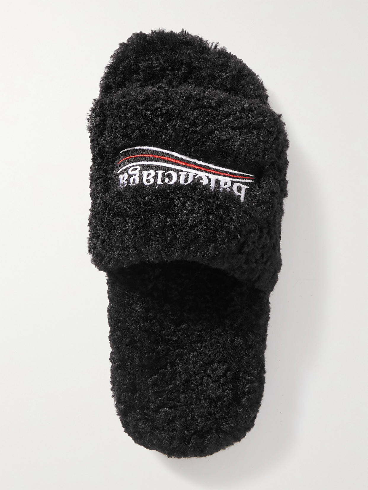 Balenciaga Furry Logo-embroidered Faux Shearling Slides In Black