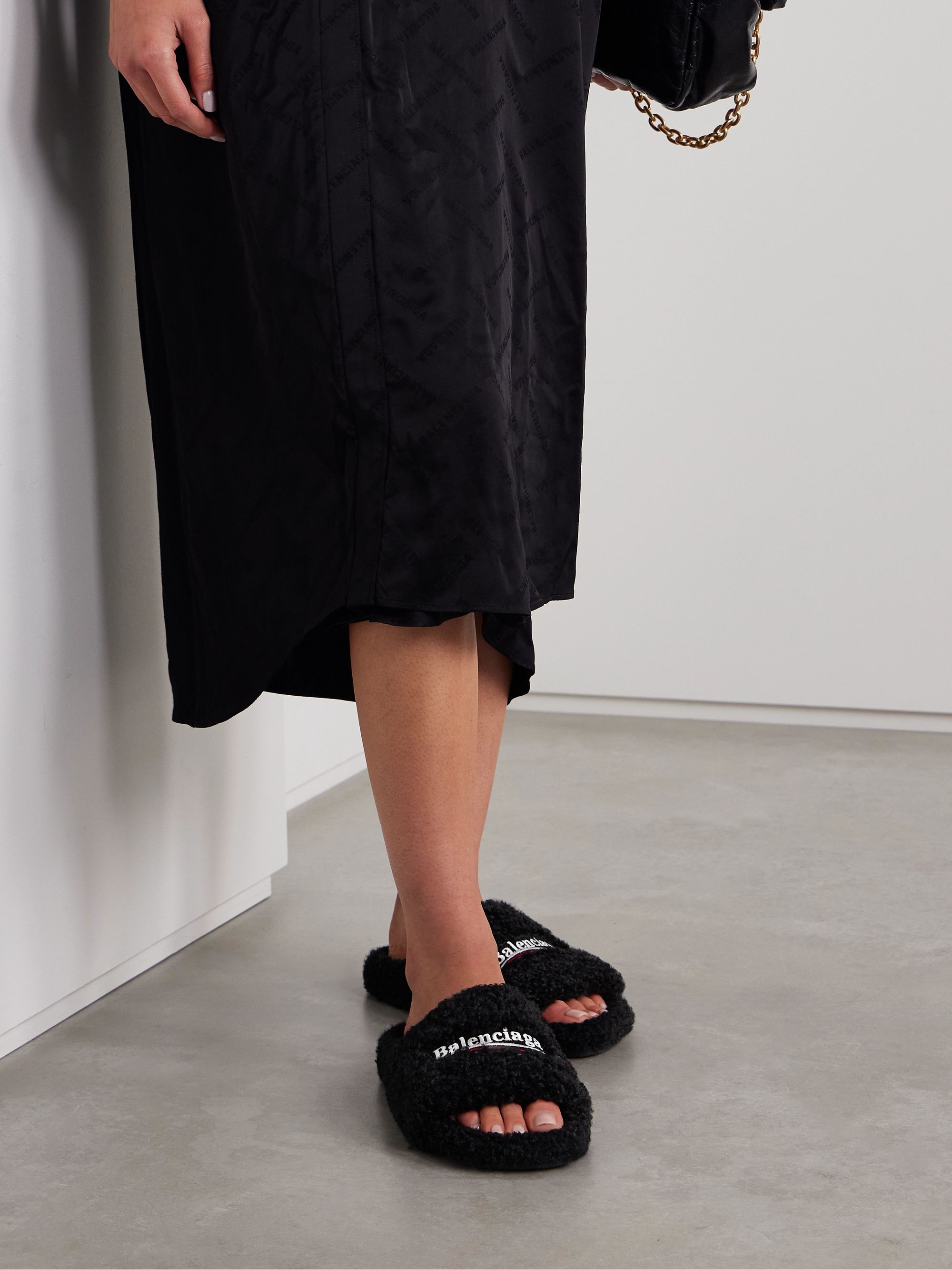 Black Furry logo-embroidered faux shearling slides | BALENCIAGA | NET-A