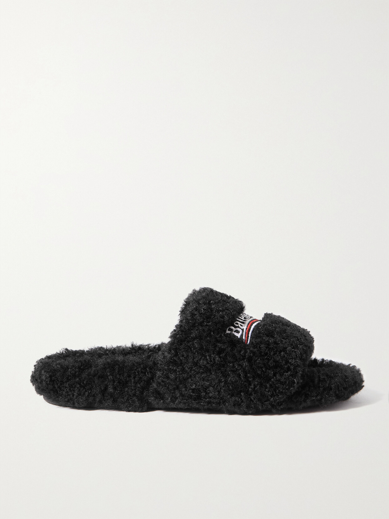 Shop Balenciaga Furry Logo-embroidered Faux Shearling Slides In Black