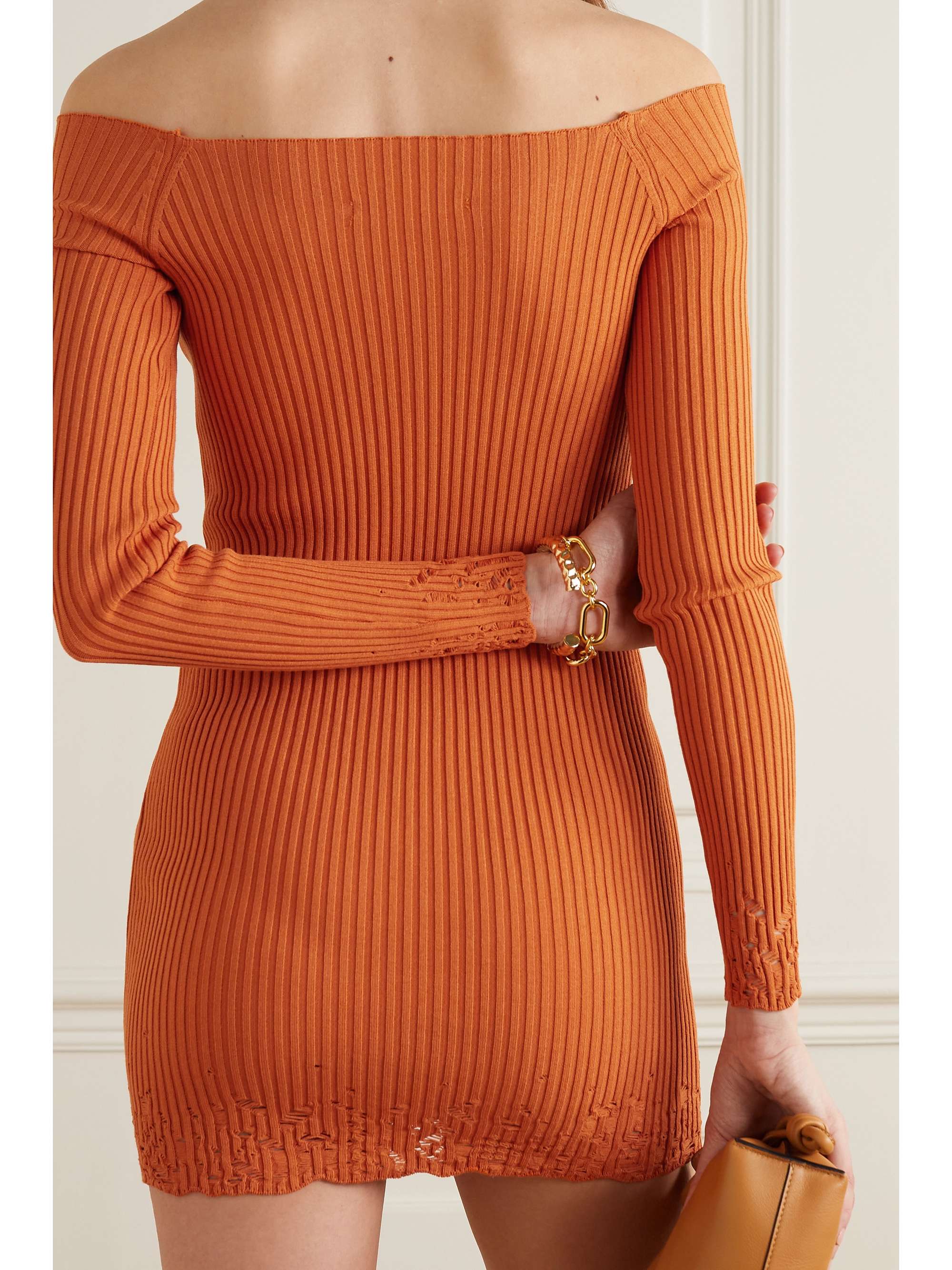 Orange Ajour offtheshoulder distressed ribbedknit mini dress