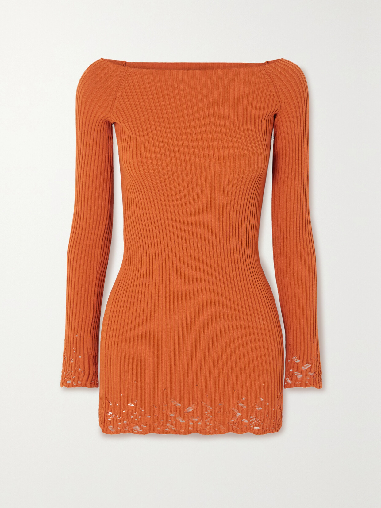 Zeynep Arçay Ajour Off-the-shoulder Distressed Ribbed-knit Mini Dress - Orange