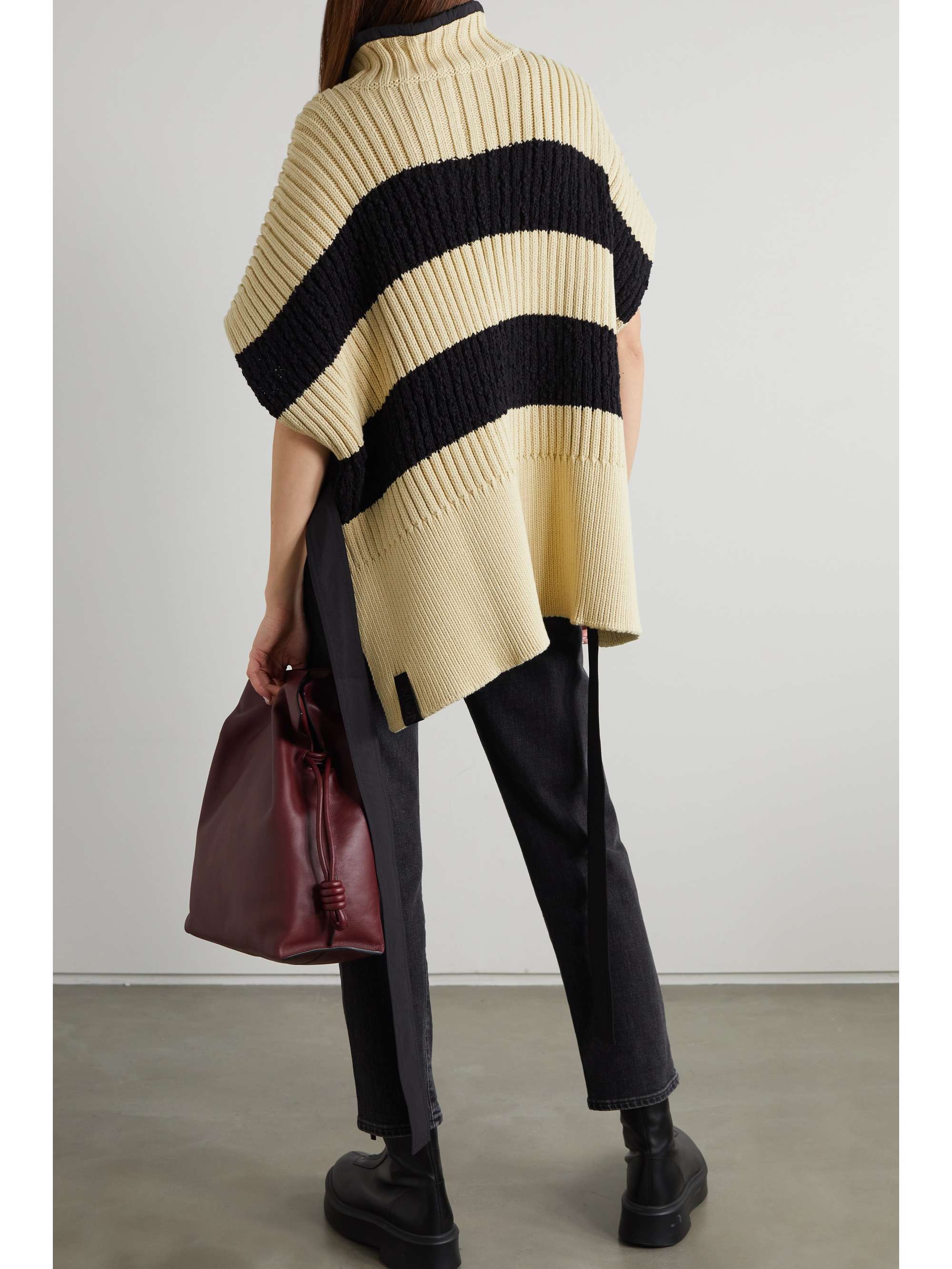 MONCLER GENIUS Belted striped ribbed cotton-blend poncho